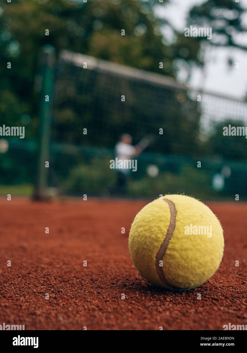 Viele grüne Tennisbälle auf einem roten Sandplatz Stockfoto