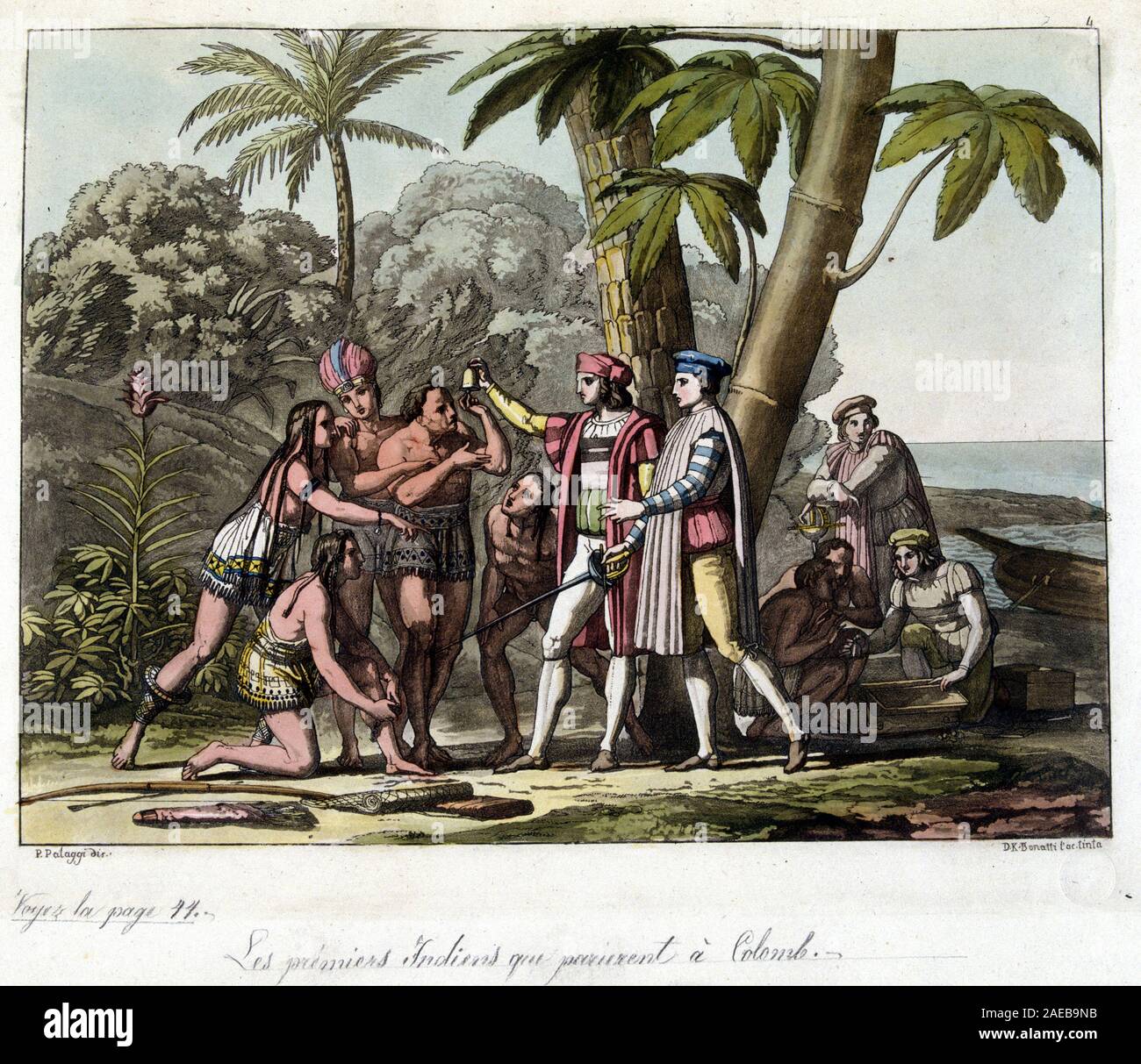 Les Premiers Indiens qui parurent ein Colomb - in "Le Costume Ancien et Moderne par le docteur Jules Ferrario, 1819-1820 hrsg. Mailand. Stockfoto