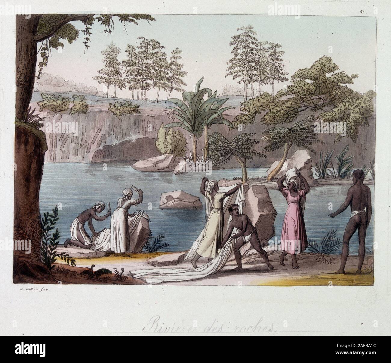 Lavandieres sur la Riviere des Roches aux iles Mascareignes (Ile de La Reunion) - in "Le Costume Ancien et Moderne, 1819-20, par le docteur Jules Ferr Stockfoto