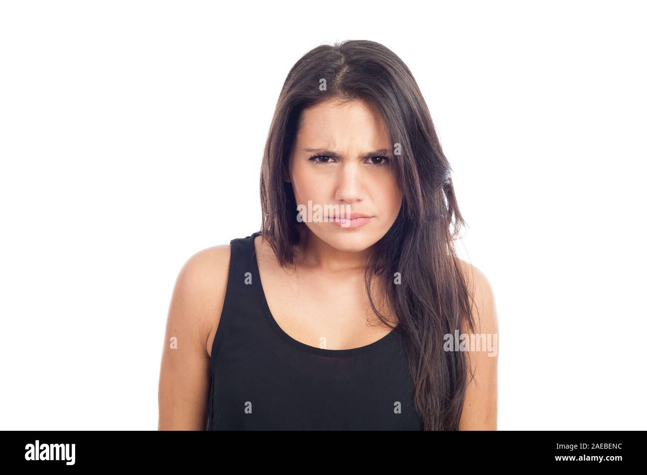 Portrait einer jungen brünette Frau wütend und verärgert Stockfoto