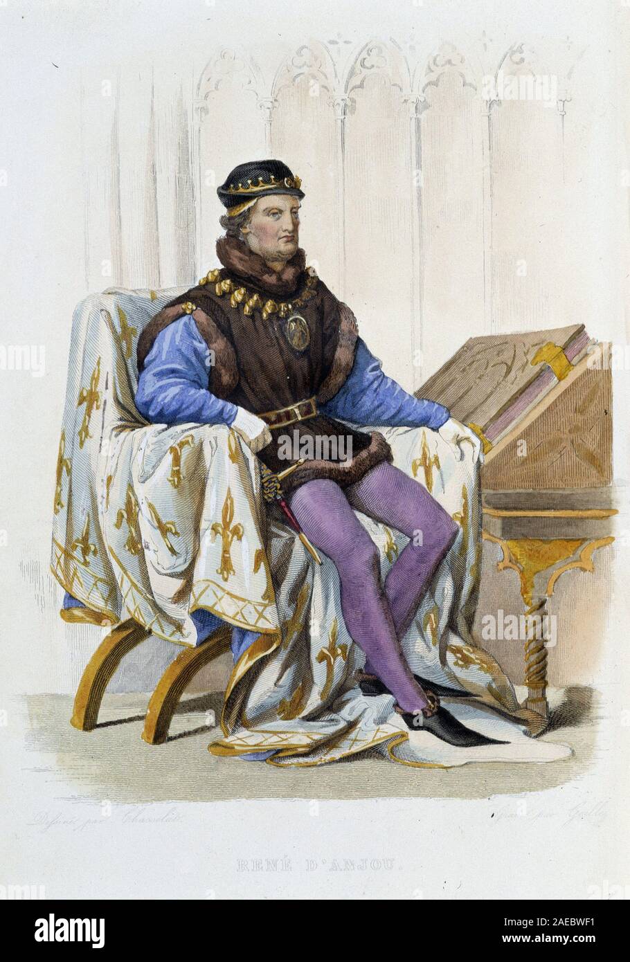 Portrait de Roi René d'Anjou (1409-1480)' appele aussi Rene Ier de Neapel ou encore Rene de Sizilien - in "Le Plutarque Francais", Ed. Mennechet, 1844-4 Stockfoto