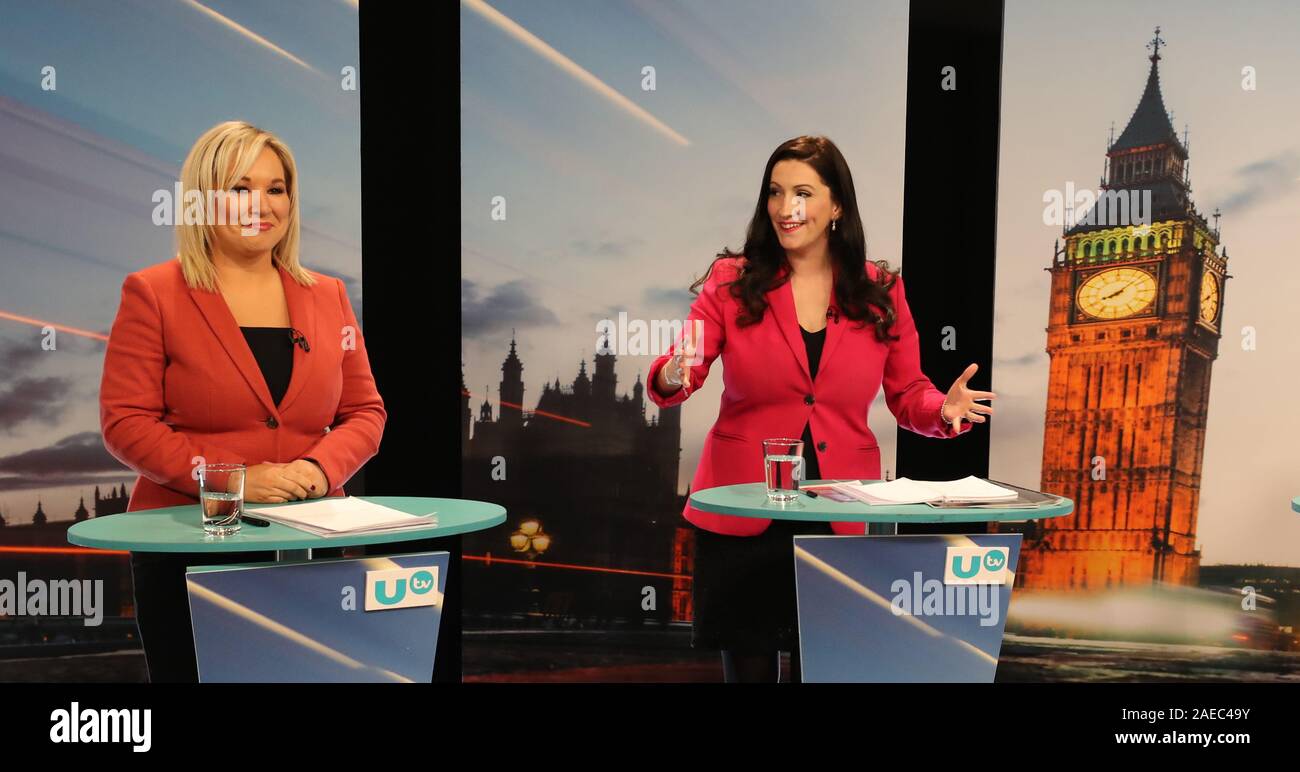 Sinn Fein Stellvertretende Führerin Michelle O'Neill (links) und DUP South Belfast-Kandidatin Emma Little-Pengelly während der Aufnahme der UTV-Wahldebatte im Queens Film Studio in Belfast. Stockfoto