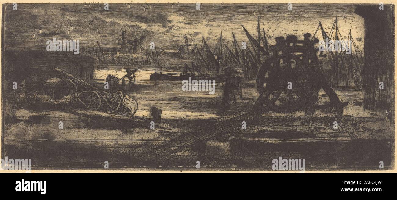 Ein Werk von Félix-Hilaire Buhot, das einen alten Hafenplatz in Rochester darstellt, der Industriebauten, Uferanlagen, Boote, Arbeiter, und die tägliche Aktivität in der Szene. Stockfoto