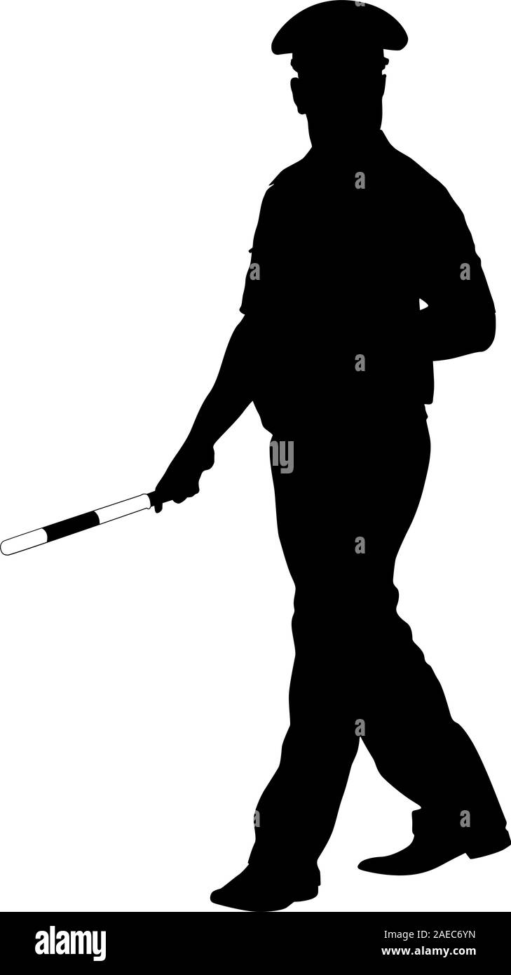 Schwarze Silhouetten des Polizeibeamten mit einer Stange auf weißem Hintergrund. Vector Illustration. Stock Vektor