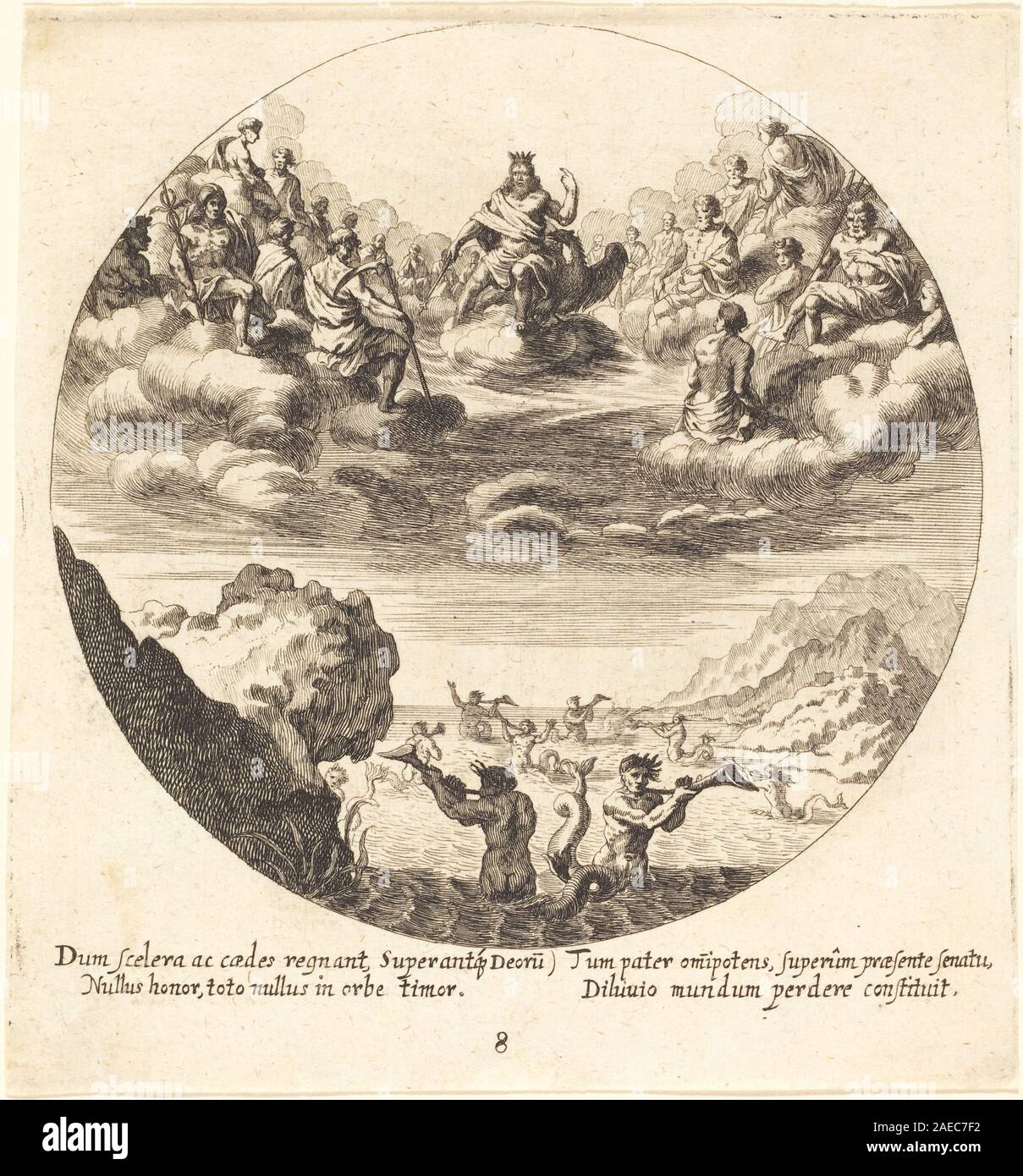 Georg Andreas Wolfgang der ältere Jove und die Götter, 1665, zeigt eine mythologische Szene mit Jove und anderen Göttern. Das Gemälde betont Figuren, Komposition, Geste, göttliche Attribute und europäische mythologische Kunstkonventionen des 17. Jahrhunderts. Stockfoto
