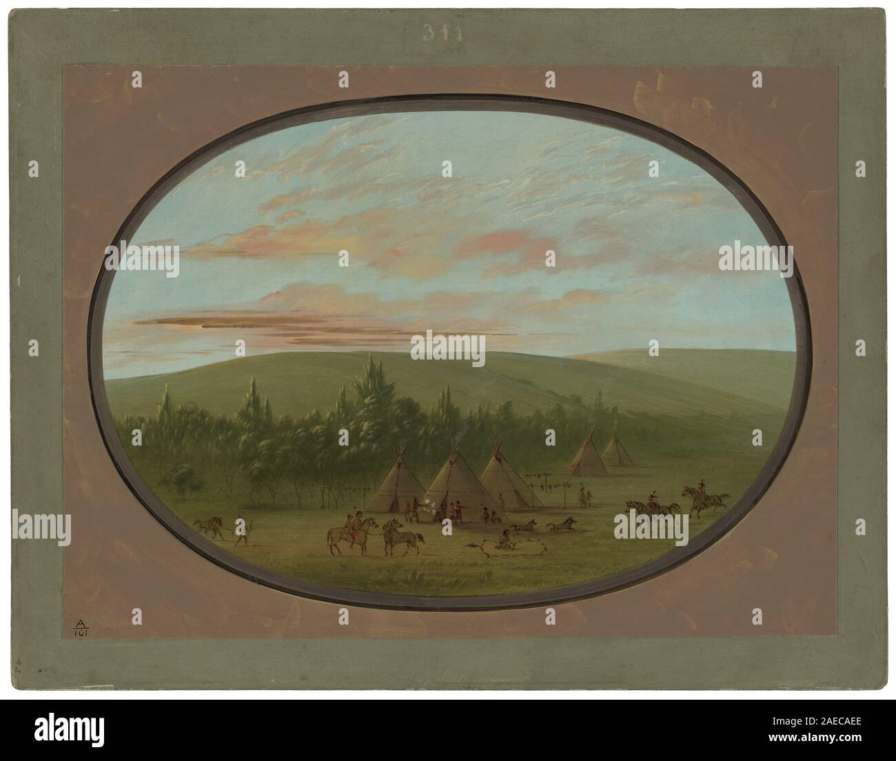 Ein Gemälde von George Catlin zwischen 1861 und 1869, das ein Dorf in Sioux darstellt, das Wohnungen, Figuren, Landschaft, tägliche Aktivitäten zeigt. und das Leben der amerikanischen Ureinwohner Mitte des 19. Jahrhunderts. Stockfoto