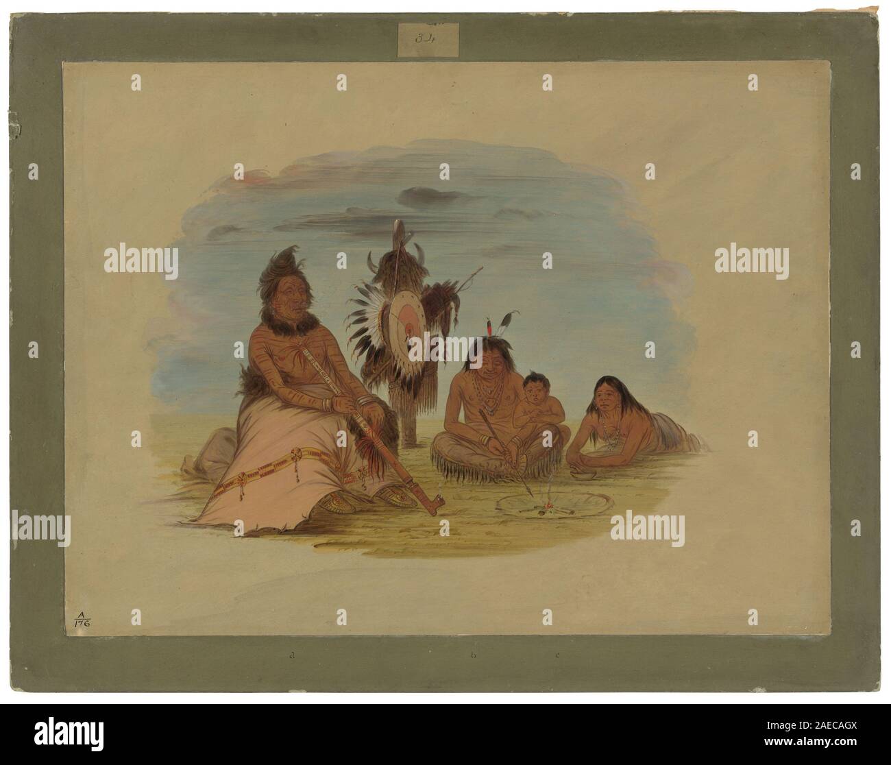 Ein Gemälde von George Catlin zwischen 1861 und 1869, das einen alten Minatarree-Häuptling mit seiner Familie zeigt, Figuren, Kleidung, Haltung, Gesichtsausdrücke, und das Leben der amerikanischen Ureinwohner Mitte des 19. Jahrhunderts. Stockfoto