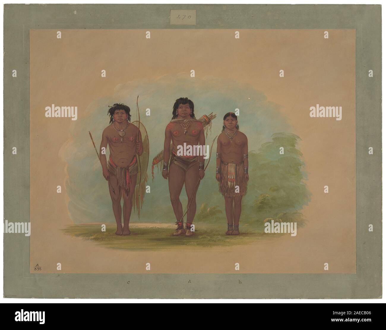 Ein Gemälde von George Catlin zwischen 1854 und 1869, das einen Chaco-Häuptling, seine Frau und einen Krieger zeigt, Figuren, traditionelle Kleidung, Accessoires, Gesten und das Leben der amerikanischen Ureinwohner aus der Mitte des 19. Jahrhunderts. Stockfoto