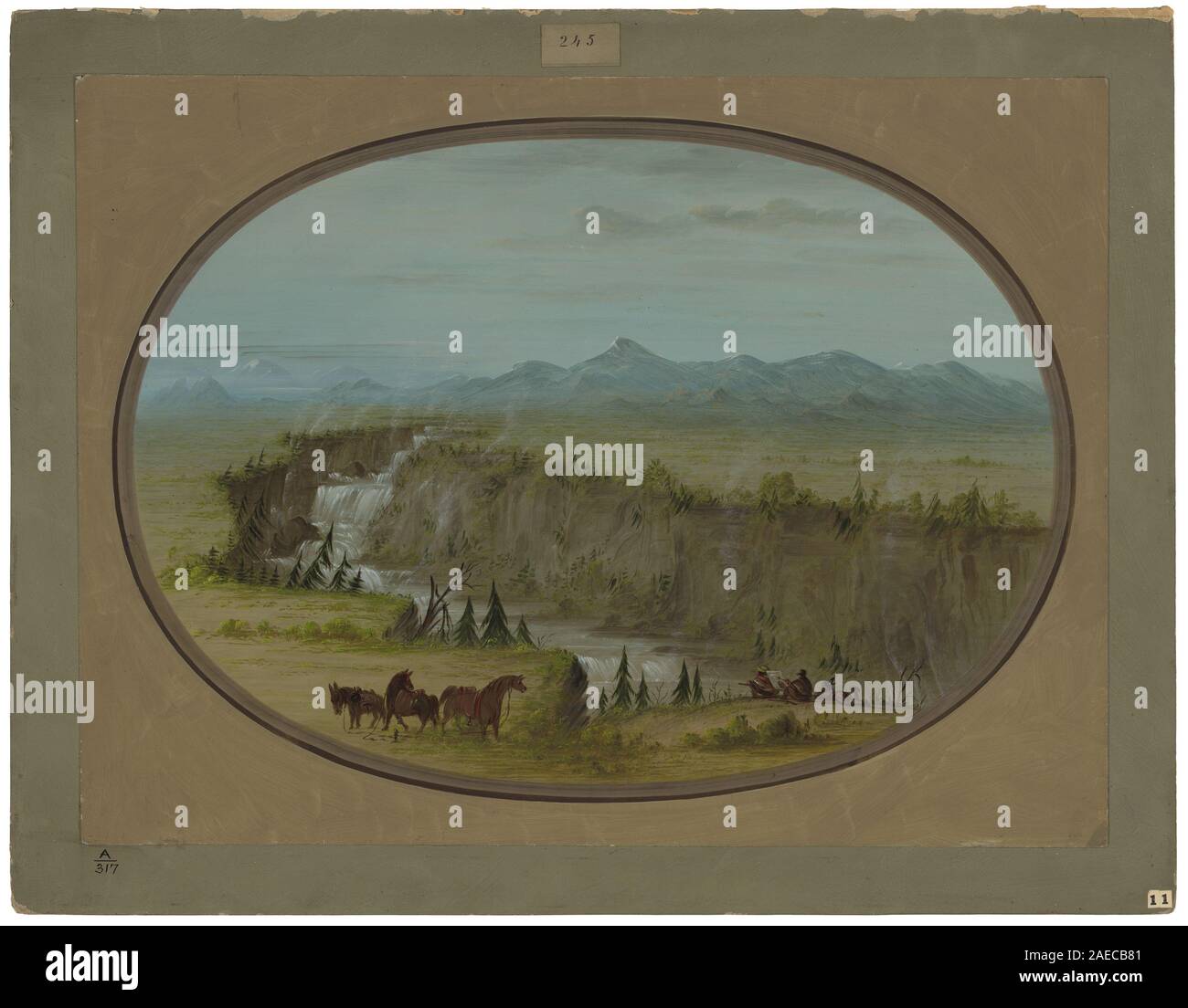 George Catlin's Falls of the Snake River, 1855–1869, zeigt den Snake River, der über Felsen in einer natürlichen Landschaft stürzt. Das Gemälde betont Wasserbewegungen, felsiges Gelände, umliegende Vegetation und die amerikanische Landschaftsdarstellung aus der Mitte des 19. Jahrhunderts. Stockfoto