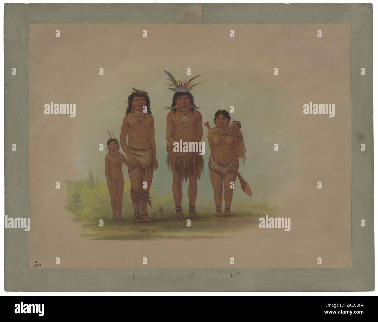 George Catlins vier Sepibo-Indianer (1854–1869) stellt vier Indianer in traditioneller Kleidung dar. Das Gemälde betont Porträtmalerei, kulturelle Darstellung, Figuren, Gesten und das indigene Leben der Mitte des 19. Jahrhunderts. Stockfoto