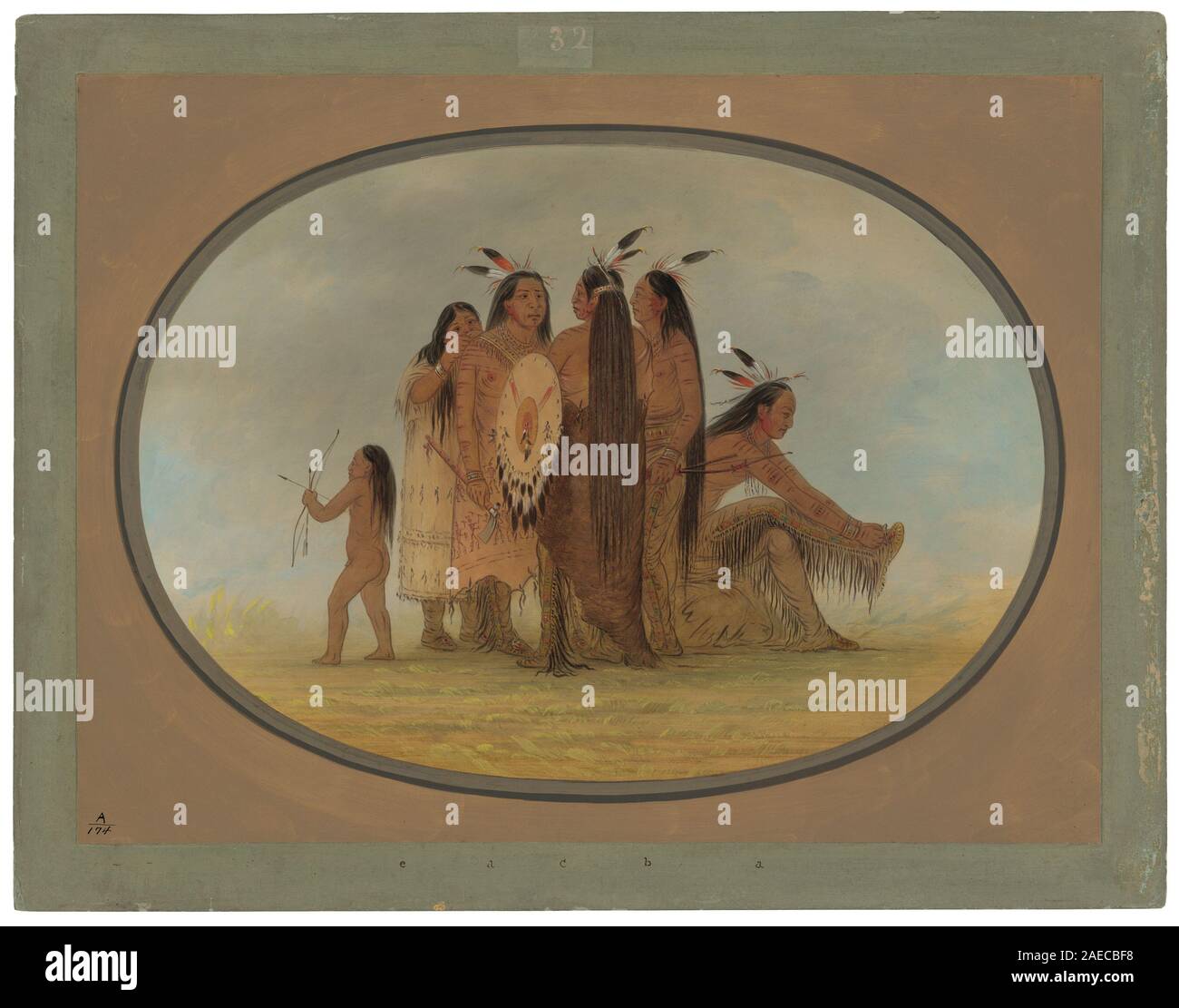 Vier Mandan Krieger, ein Mädchen und ein Junge; 1861/1869 George Catlin, vier Mandan Krieger, ein Mädchen und ein Junge, 1861-1869 Stockfoto