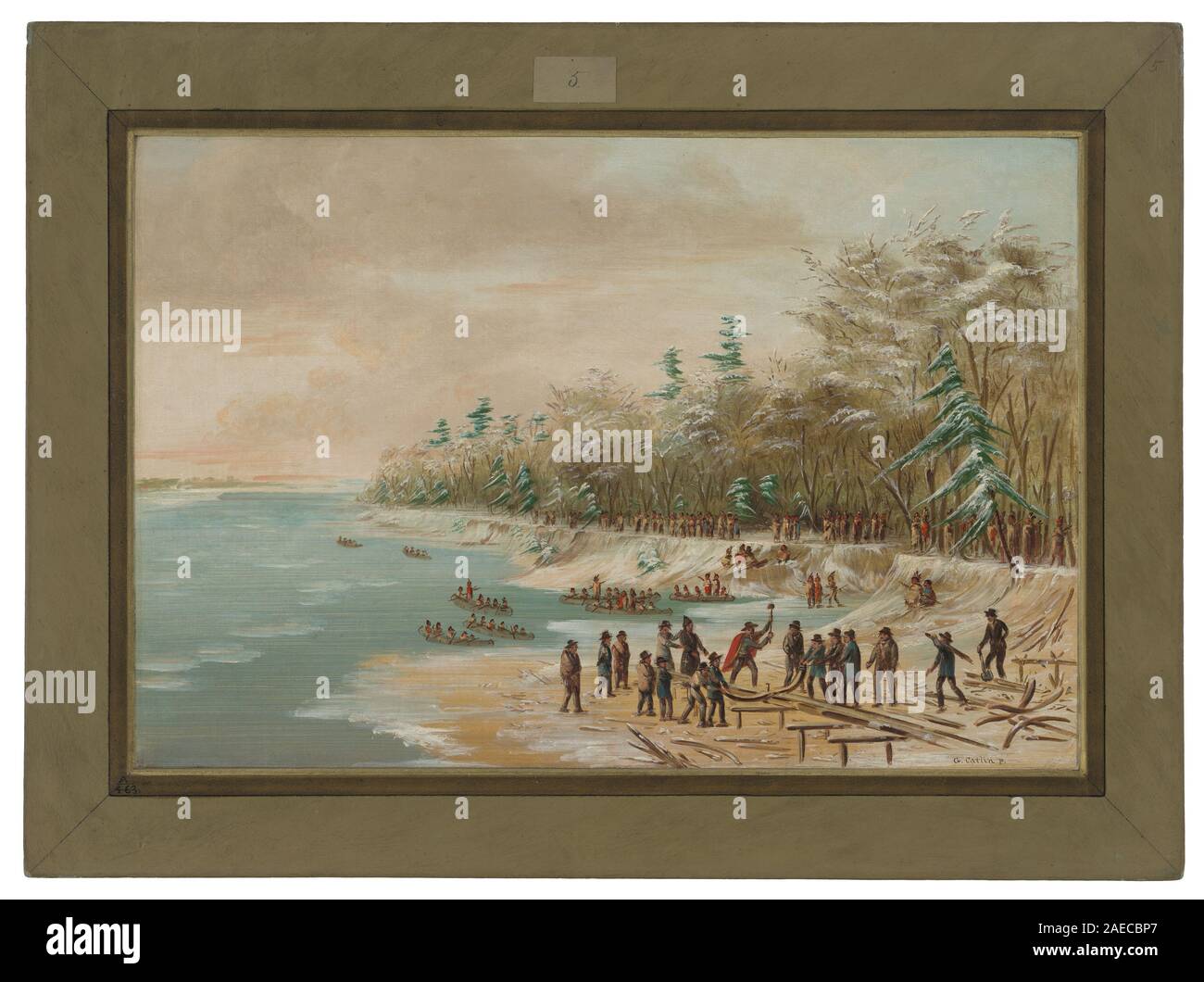 Gemälde, das La Salle am 26. Januar 1679 mit dem ersten Bolzen auf dem Griffin-Schiff zeigt und den historischen Schiffbau und die Kleidung des 17. Jahrhunderts betont, gemalt von George Catlin in den Jahren 1847–1848. Stockfoto