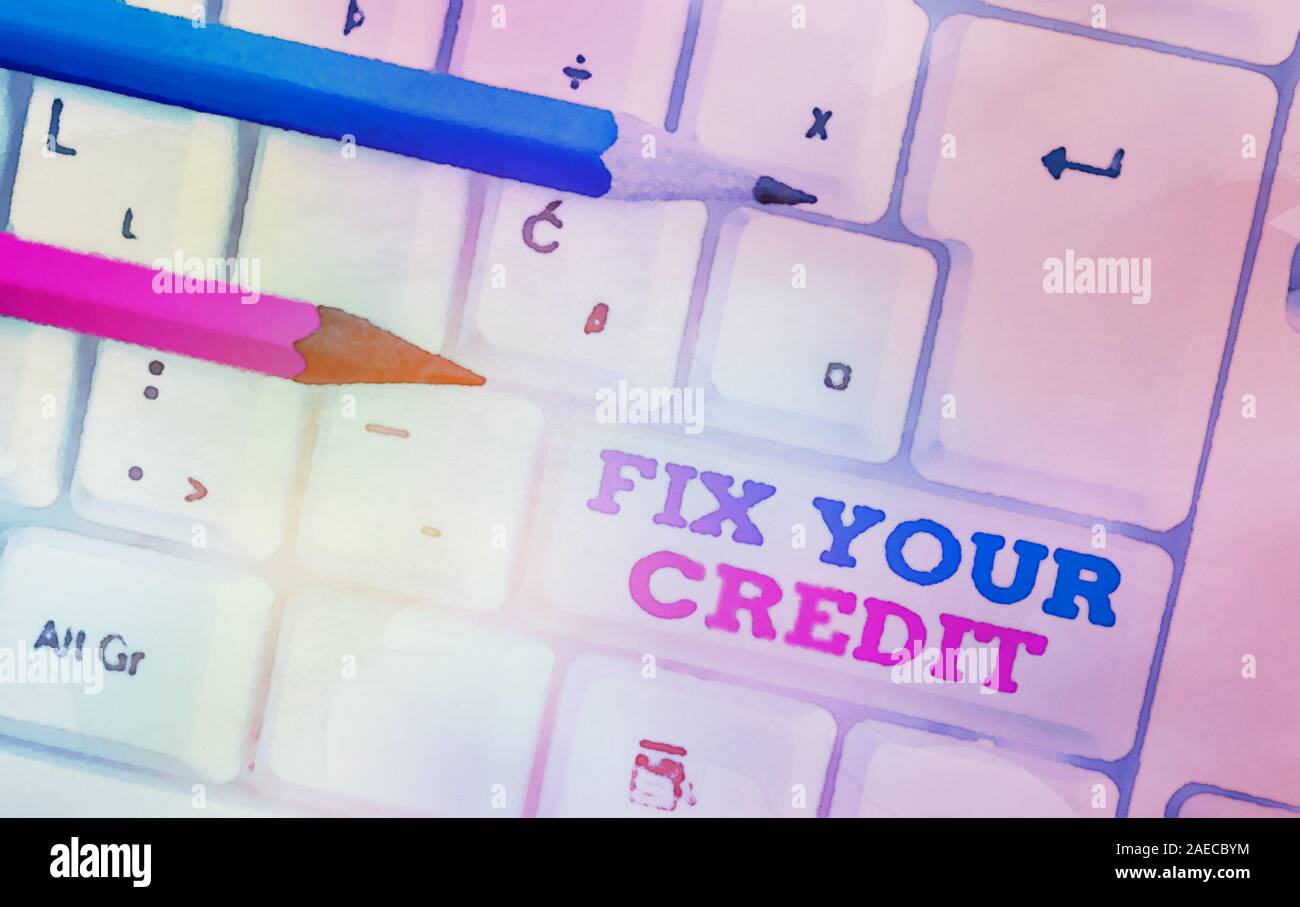 Schreiben Hinweis angezeigt Fix Ihre Kreditkarte. Business Konzept für Halten Salden auf Kreditkarten und anderen Kreditinstituten Weiß pc-Tastatur mit Hinweis Papier oben niedrig Stockfoto