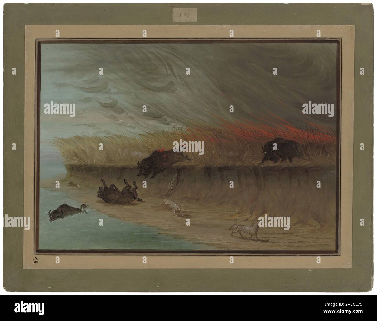 Ein Gemälde von George Catlin zwischen 1861 und 1869, das die brennenden Präriebwiesen zeigt, Landschaft, Feuer, Vegetation, Horizont, und die nordamerikanische Wildnis Mitte des 19. Jahrhunderts. Stockfoto