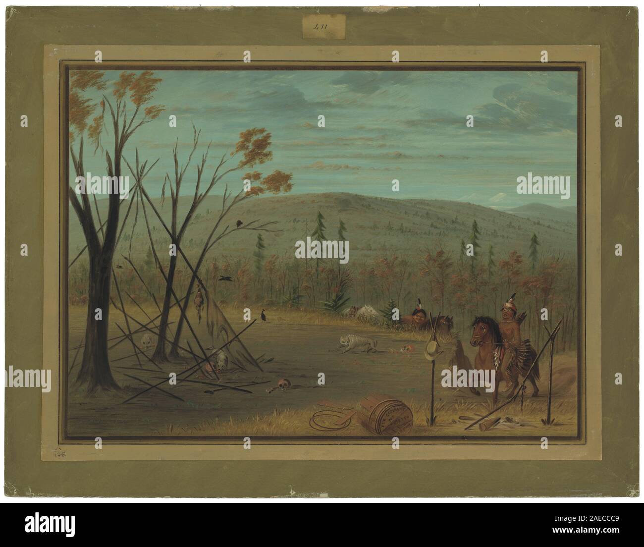 Ein Gemälde von George Catlin zwischen 1861 und 1869, das zwei Cheyenne-Brüder zeigt, die von einer Herbstjagd zurückkehrten, Figuren, Pferde, Jagdausrüstung, Landschaft, und das Leben der amerikanischen Ureinwohner Mitte des 19. Jahrhunderts. Stockfoto