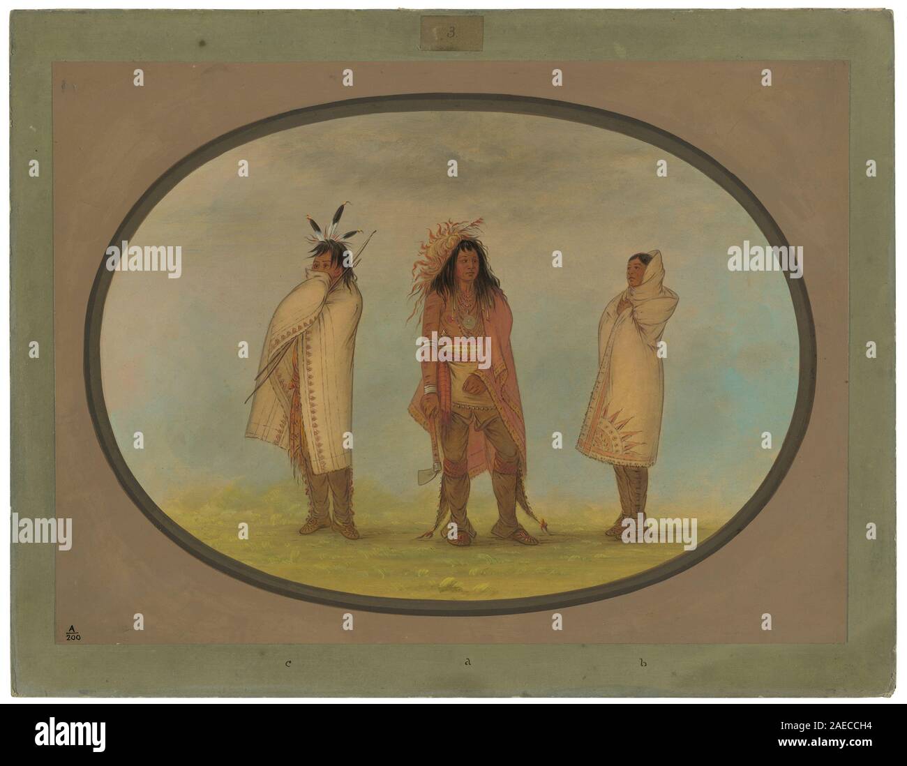 Ein Gemälde von George Catlin zwischen 1861 und 1869, das drei Irokesen-Indianer zeigt, die Figuren, Kleidung, Haltung, Ausdrücke, und das Leben der amerikanischen Ureinwohner Mitte des 19. Jahrhunderts. Stockfoto