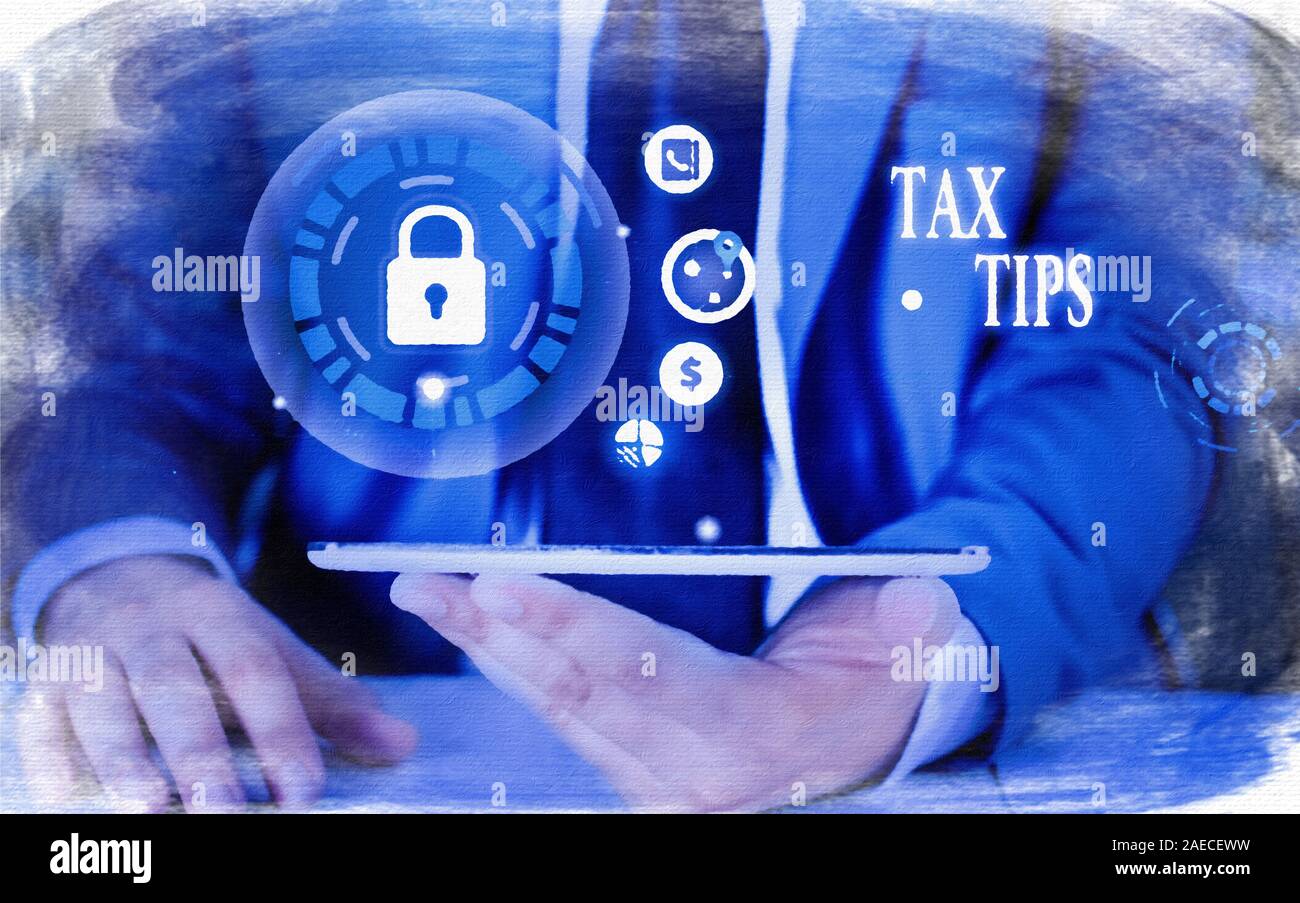 Schreiben Hinweis Übersicht Steuer Tipps. Business Konzept für obligatorische Beitrag Einnahmen erhoben von der Regierung Bild Foto Netzwerk Regelung mit Mo Stockfoto