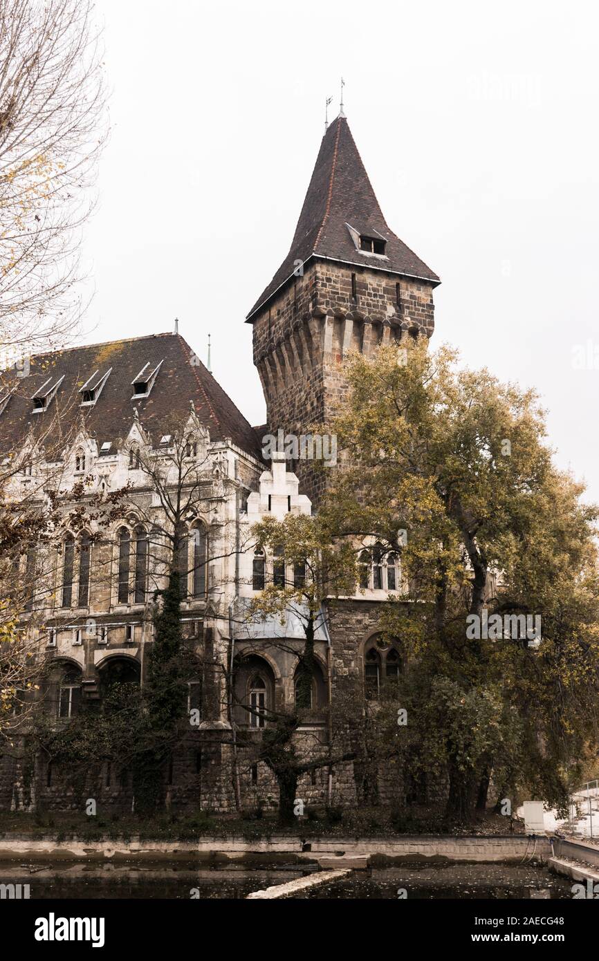 Das Äußere von einem der Türme der Burg von Vajdahunyad, einem Gebäude aus dem 19. Jahrhundert Schloss in Budapest. Stockfoto