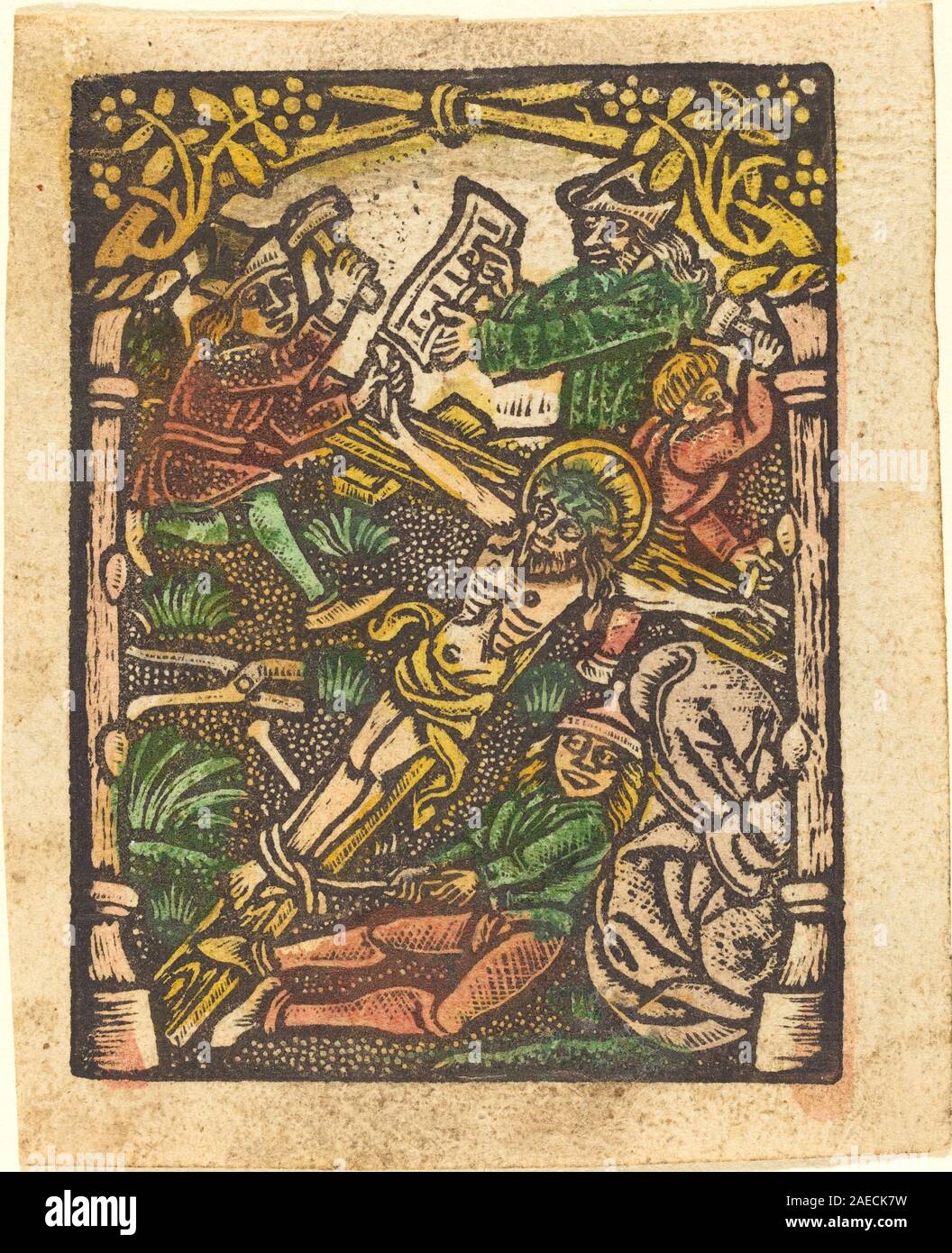 Dieses deutsche Gemälde aus dem späten 15. Jahrhundert zeigt Christus, der ans Kreuz genagelt wurde, und zeigt die Figur, die Wunden, die Dornenkrone, die Nägel, Kreuz, Hintergrundfiguren, Vorhänge und gotische religiöse Komposition. Stockfoto