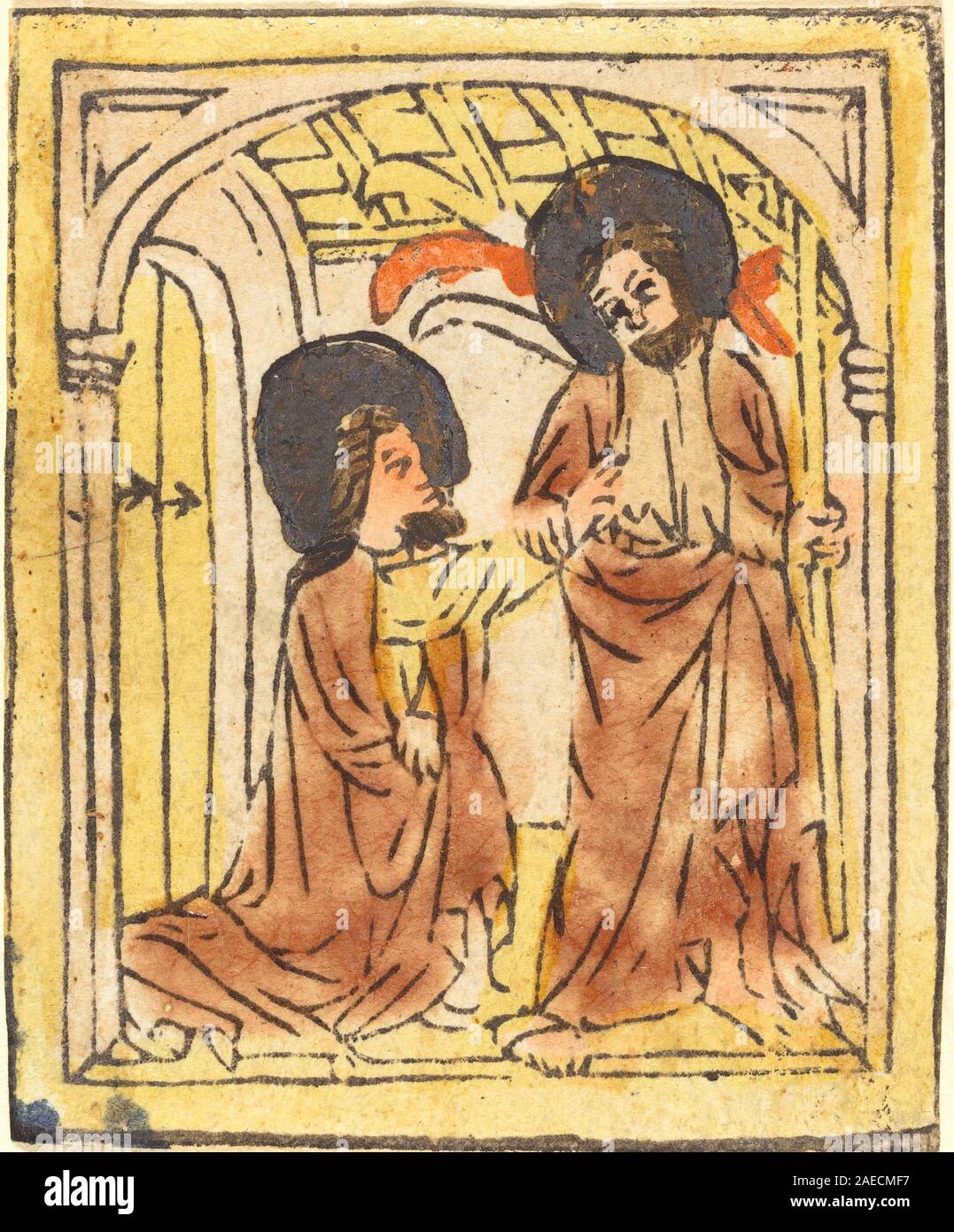 Ein deutsches Kunstwerk aus dem 15. Jahrhundert, das die biblische Szene des zweifelnden Thomas darstellt, entstand um 1460. Das Gemälde zeigt religiöse Kunst der frühen nördlichen Renaissance, figurale Komposition und hingebungsvolle Darstellung. Stockfoto