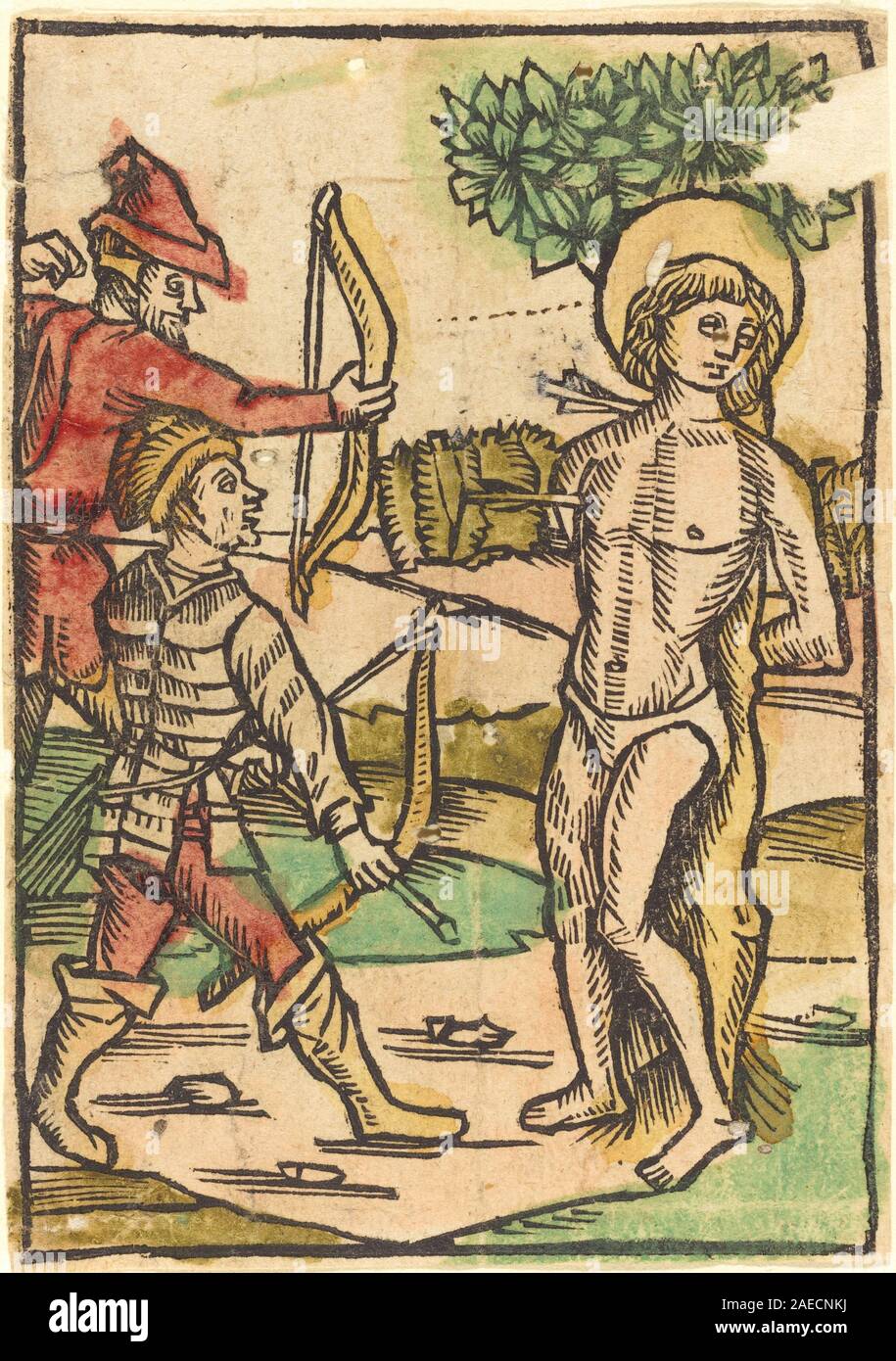 Das deutsche Gemälde St. Sebastian aus dem 15. Jahrhundert um 1490 zeigt den christlichen Märtyrer, der von Pfeilen gebunden und durchbohrt wird, wobei Anatomie, Geste, Komposition und religiöse Ikonographie betont werden. Stockfoto
