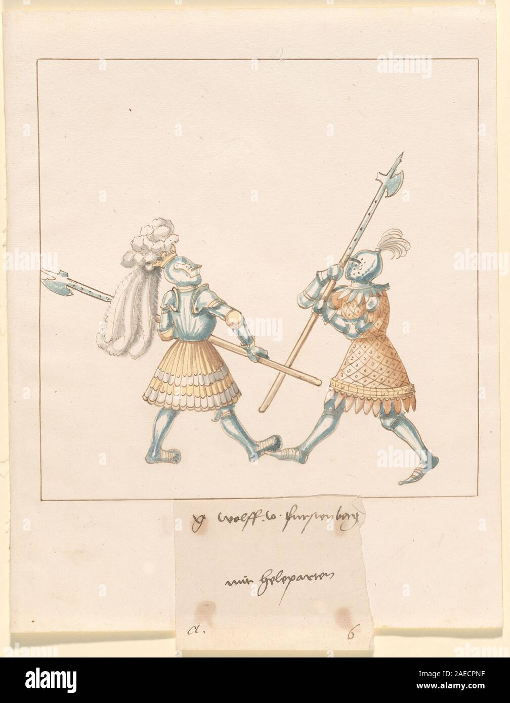 Bildhandschrift „Freydal, das Buch der Ritterkämpfe und Turnier Kaiser Maximilians I.“, Band III, 16. Jahrhundert, um 1515, Darstellung von Rittern in Fußkämpfen, Rüstungen, Turnierszenen und heraldischen Details. Stockfoto