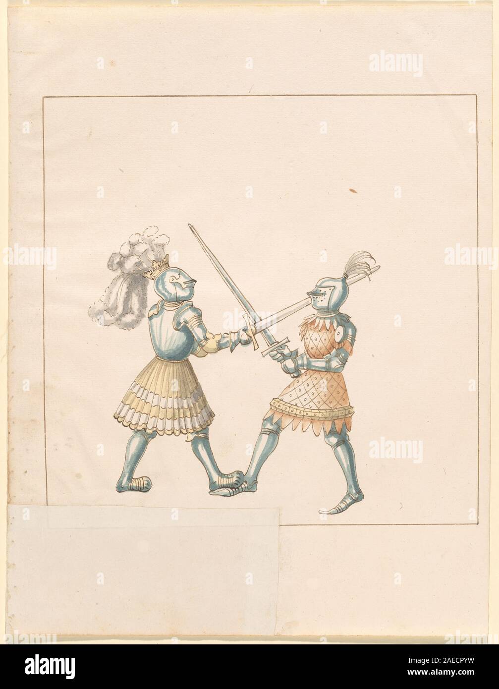 Handschrift „Freydal, das Ritterbuch und das Turnier Kaiser Maximilians I.“, Band III, 16. Jahrhundert, um 1515, Ritterdarstellungen, Kämpfe zu Fuß, Turnierszenen und Rüstungsdetails. Stockfoto