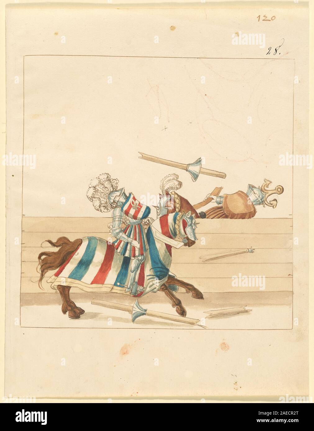Eine deutsche Handschrift aus dem 16. Jahrhundert aus dem Jahr 1515, Teil von Freydal, die Kämpfe zu Pferd im Ritterkampf für Kaiser Maximilian I. zeigt und gepanzerte Reiter, Pferde, Lanzen und Turnierszene zeigt. Stockfoto