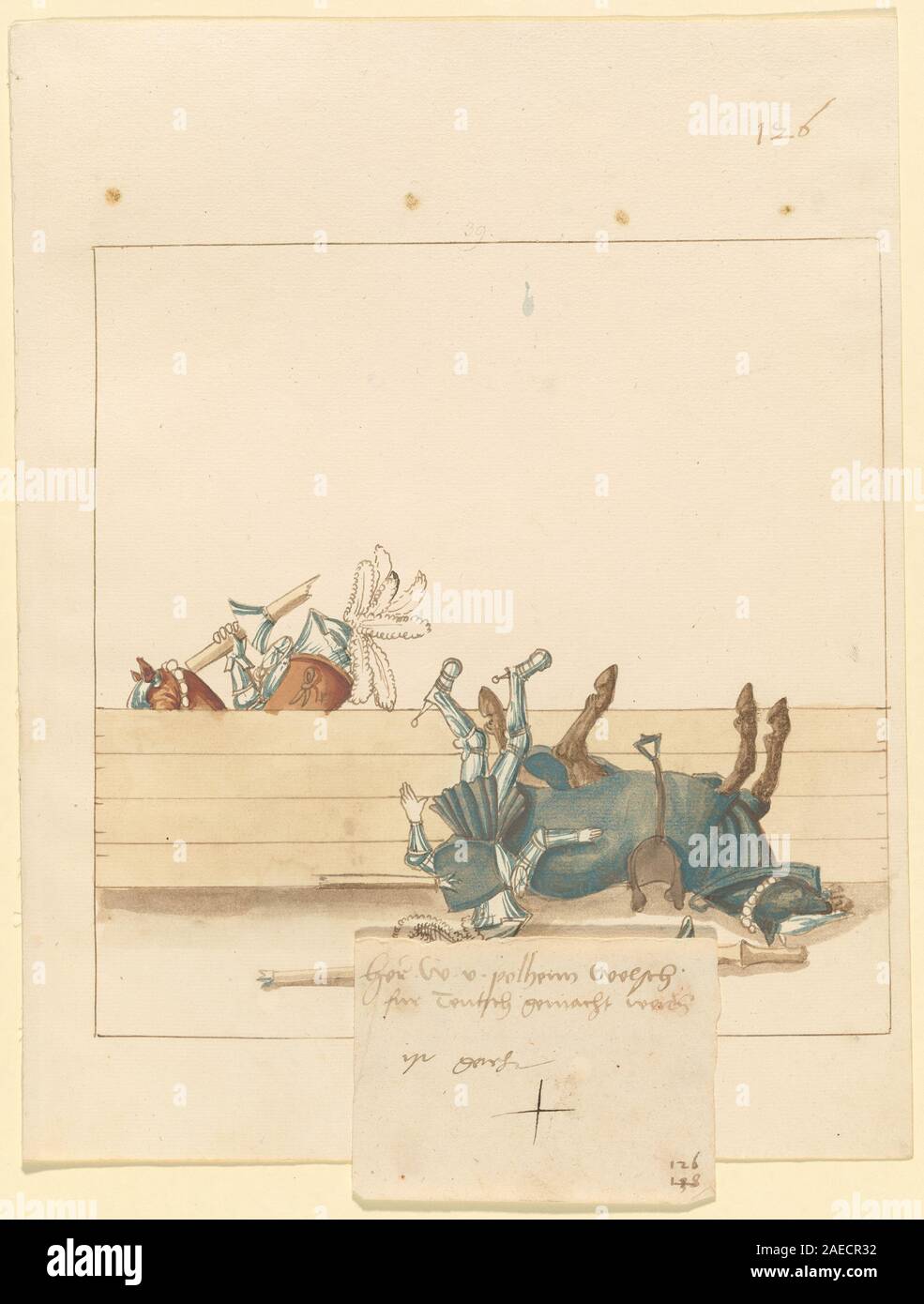 Eine illustrierte Handschrift, Freydal, die Ritterkämpfe und Pferdekämpfe aus dem Turnier Kaiser Maximilians I. zeigt, die um 1515 erstellt wurde. Das Buch veranschaulicht die deutsche höfische Kultur des 16. Jahrhunderts, Turnierveranstaltungen und die Handschriftenbeleuchtung. Stockfoto