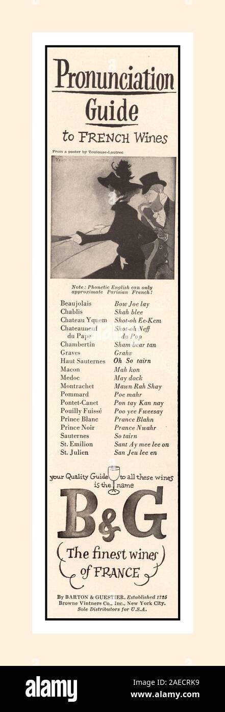 Jahrgang 1950 Wein Pronunciation Guide von Barton & Guestier amerikanische Importeure von französischem Wein in die USA, Beispiele in der phonetischen Englischen ie Chambertin = Schein tragen Tan, Beaujolais = Bug Joe legen, Medoc = Mai dock, etc.. Stockfoto