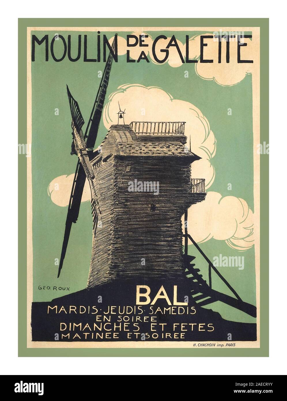 MOULIN DE LA GALETTE 1900 Vintage französische Unterhaltung Poster Moulin de la Galette Montmartre Paris Frankreich Moulin de la Galette ist eine Windmühle und assoziierten Unternehmen im oberen Viertel von Montmartre in Paris. Im 19. Jahrhundert, Le Moulin de la Galette vertreten Umleitung für die Pariser auf der Suche nach Unterhaltung, ein Glas Wein und Brot aus Mehl von der Mühle gemacht. Künstler wie Renoir, Van Gogh und Pissarro haben verewigt Le Moulin de la Galette das Bemerkenswerteste war Renoirs festliche Malerei, Bal du Moulin de la Galette. Stockfoto