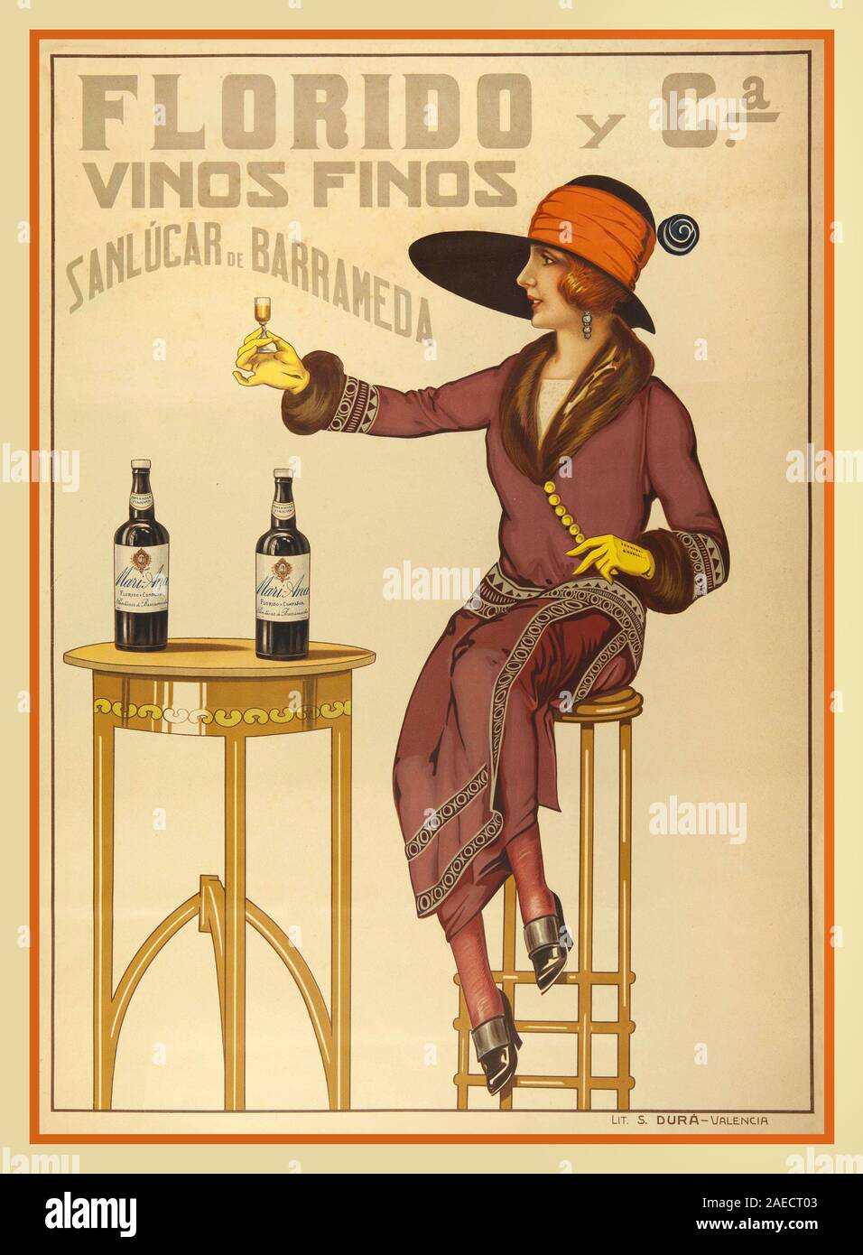 Vintage Sherry Fino Vinos Poster 1900 Florido y Cª Vinos y Finos, Sanlucar de Barrameda. - Valencia Spanien Stockfoto