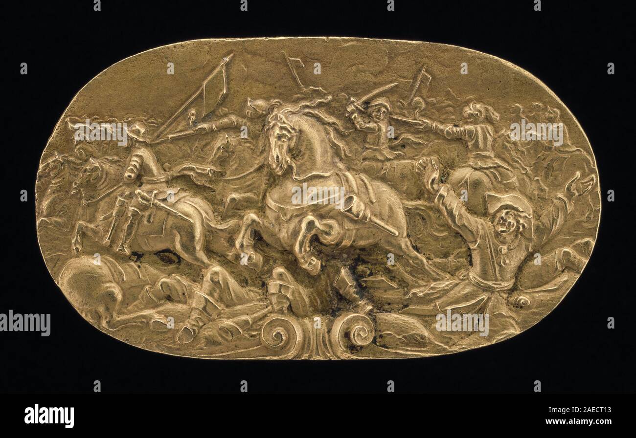 Dieses deutsche oder flämische Gemälde aus der Mitte des 17. Jahrhunderts zeigt eine Schlachtszene mit Soldaten, Pferden, Waffen, Bannern, Formationen, Rauch, Landschaft und barocke militärische Komposition. Stockfoto