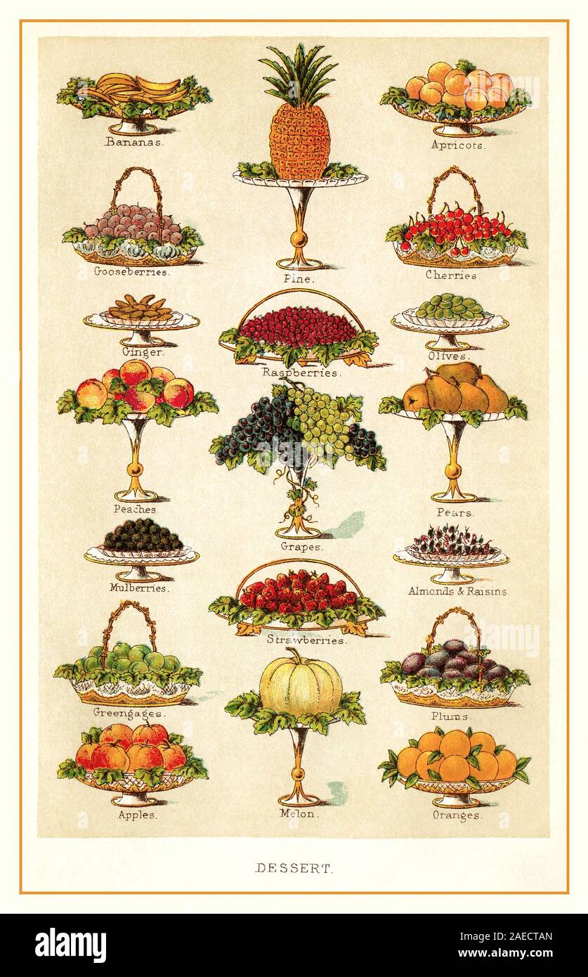 BEETONS VINTAGE FRUIT DESSERT Vintage Lithographic Page Illustration aus Mrs Beetons Buch der Haushaltsführung, 1915. Auflage, einschließlich luxuriöser exotischer Gerichte wie Bananen Ananas Trauben Erdbeeren Maulbeeren Grünpflanzen Orangen usw. Stockfoto