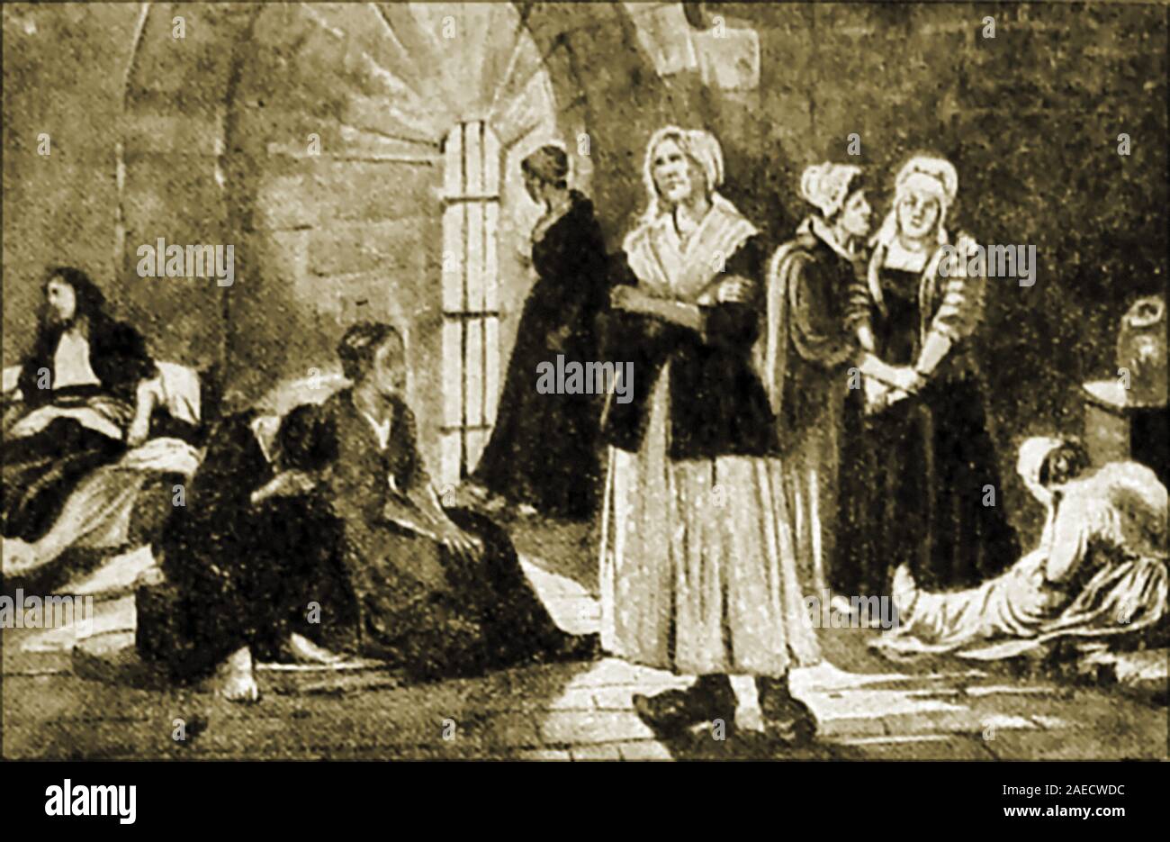 Eine sehr frühe Darstellung der Hugenotten Frauen in einem französischen Gefängnis, in dem sie wegen ihrer religiösen Überzeugungen waren. Hugenotten waren französische Protestanten, die in der Reformierten oder Calvinistisch, Tradition des Protestantismus eingehalten Stockfoto