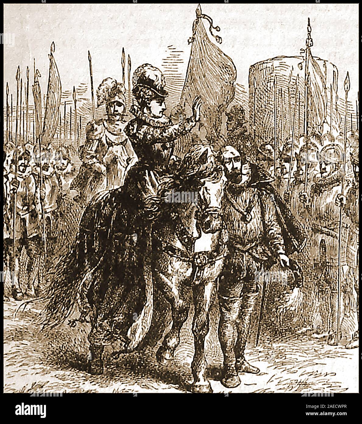 Königin Elisabeth I. von England (1533-1603) Reiten - Sattel auf ihr Pferd ihre Truppen inspizieren Stockfoto