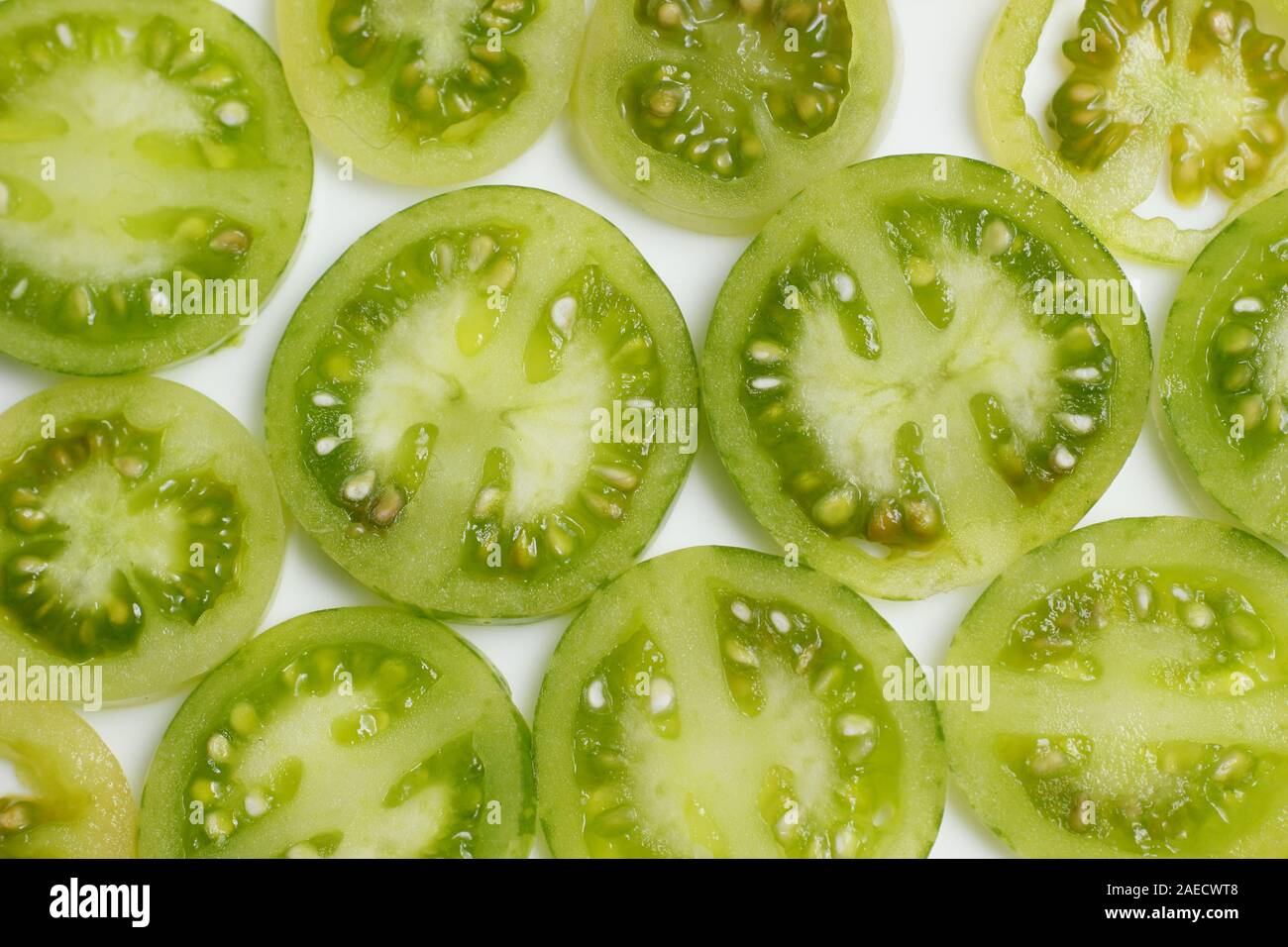 Solanum Lycopersicum. Scheiben von Unreife, grüne Tomaten auf weißem Hintergrund. Stockfoto