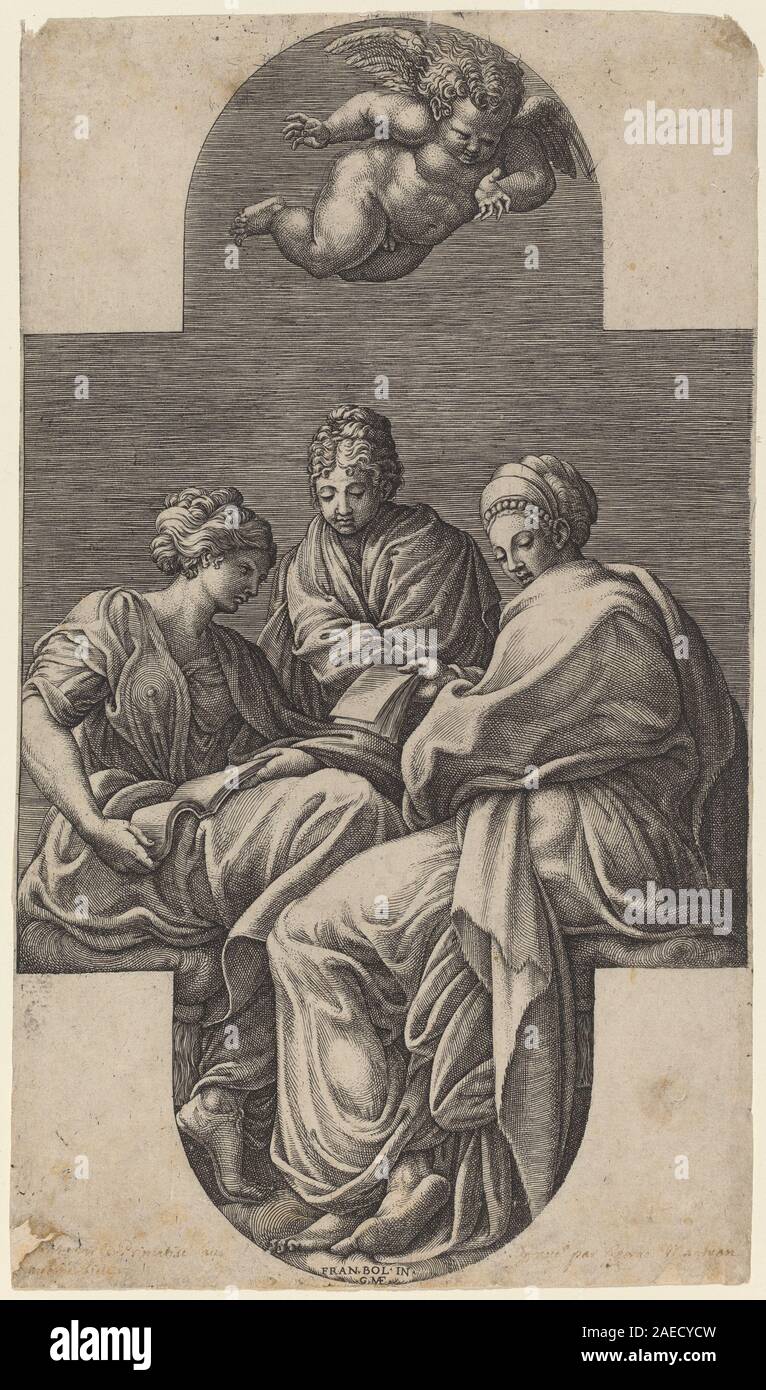 Giorgio Ghisi nach Francesco Primaticcio, drei Musen und eine Gestik Putto, 1560 s drei Musen und eine Gestik Putto; 1560 s Stockfoto