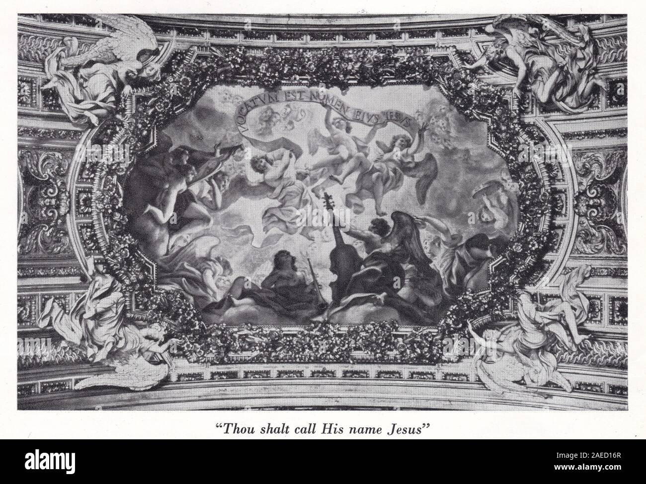 "Du sollst ihm den Namen Jesus' Gemälde von Baciccio, Engel feiern mit Musik die Benennung von Christus. Stockfoto