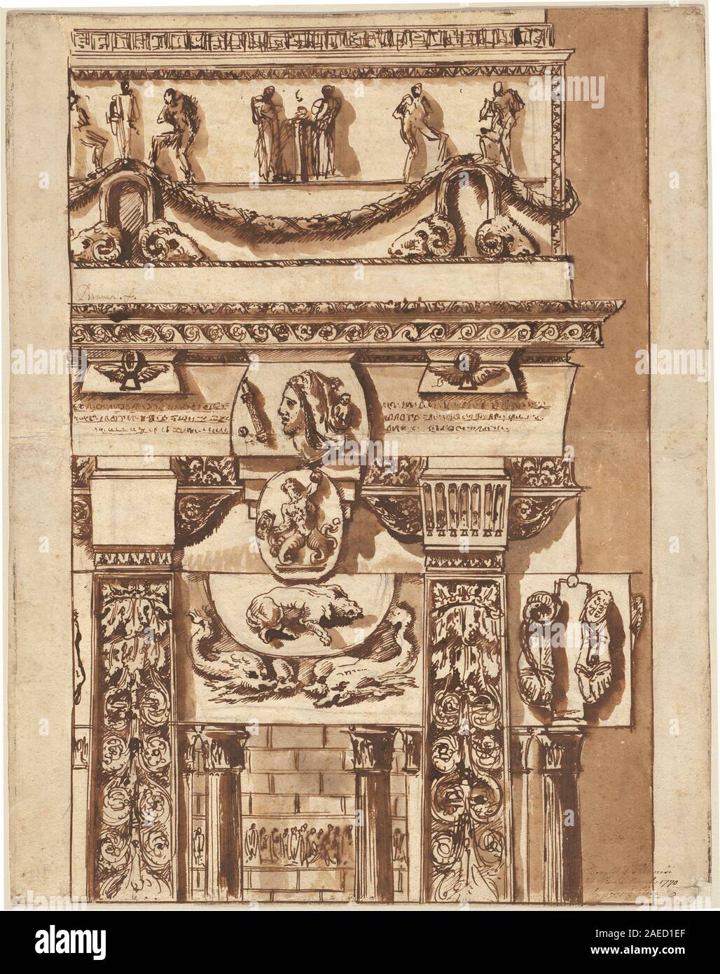 Ein Stich von Giovanni Battista Piranesi aus dem Jahr 1764-1766, der eine Fantasy-Fassade mit bizarren Ornamenten darstellt, die architektonische Phantasie, dekorative Elemente und klassische Motive betont. Stockfoto