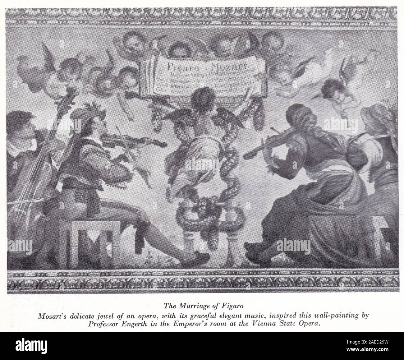 "Die Hochzeit des Figaro" - Wandmalerei von Professor Engerth in dem Zimmer, in dem der Kaiser an der Wiener Staatsoper. Stockfoto
