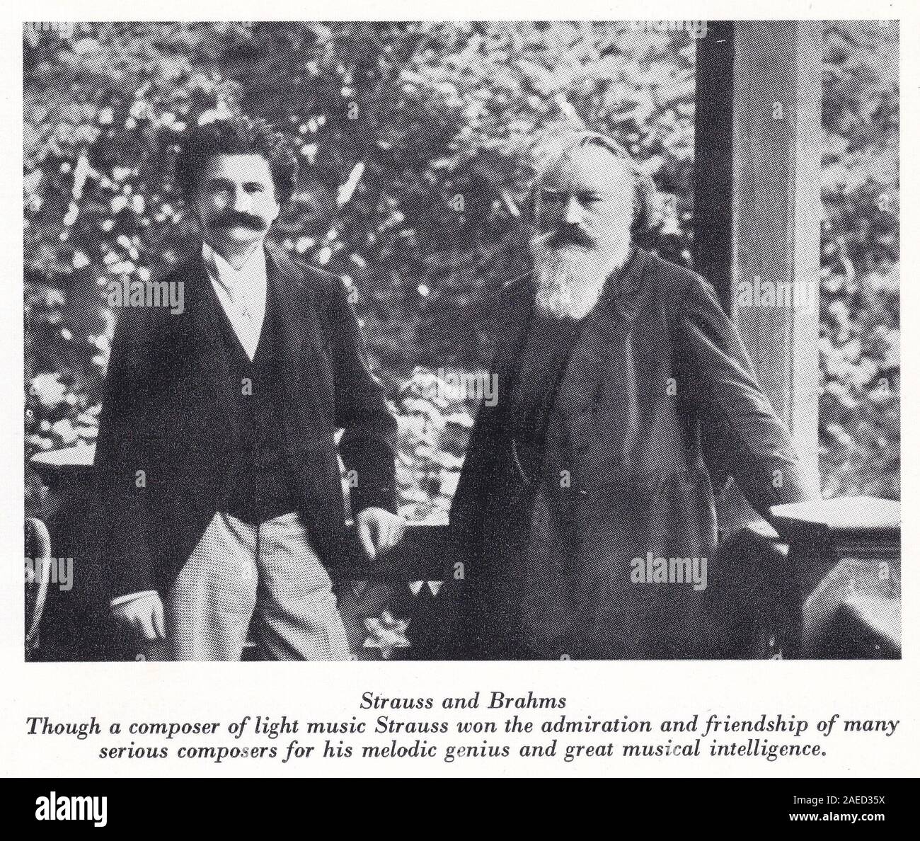 Johann Strauss II - der amerikareise und Brahms' schwarz-weiß Foto von den beiden Komponisten. Stockfoto