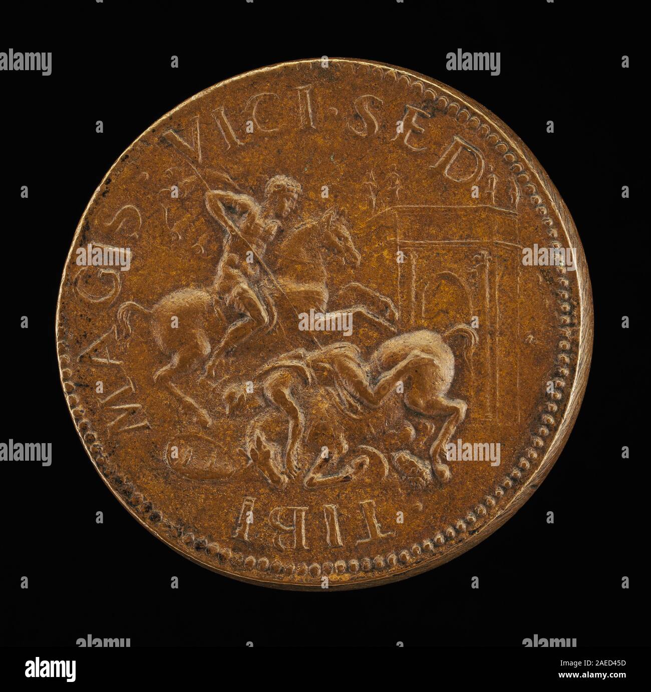 Gravur, die zwei im Kampf eingesetzte Kämpfer zeigt und Rüstungen, Waffen, Pferde und dynamische Bewegungen zeigt. Wird Giovanni da Cavino zugeschrieben und veranschaulicht die Kampfkunst und die europäischen Militäransichten des 16. Jahrhunderts. Stockfoto