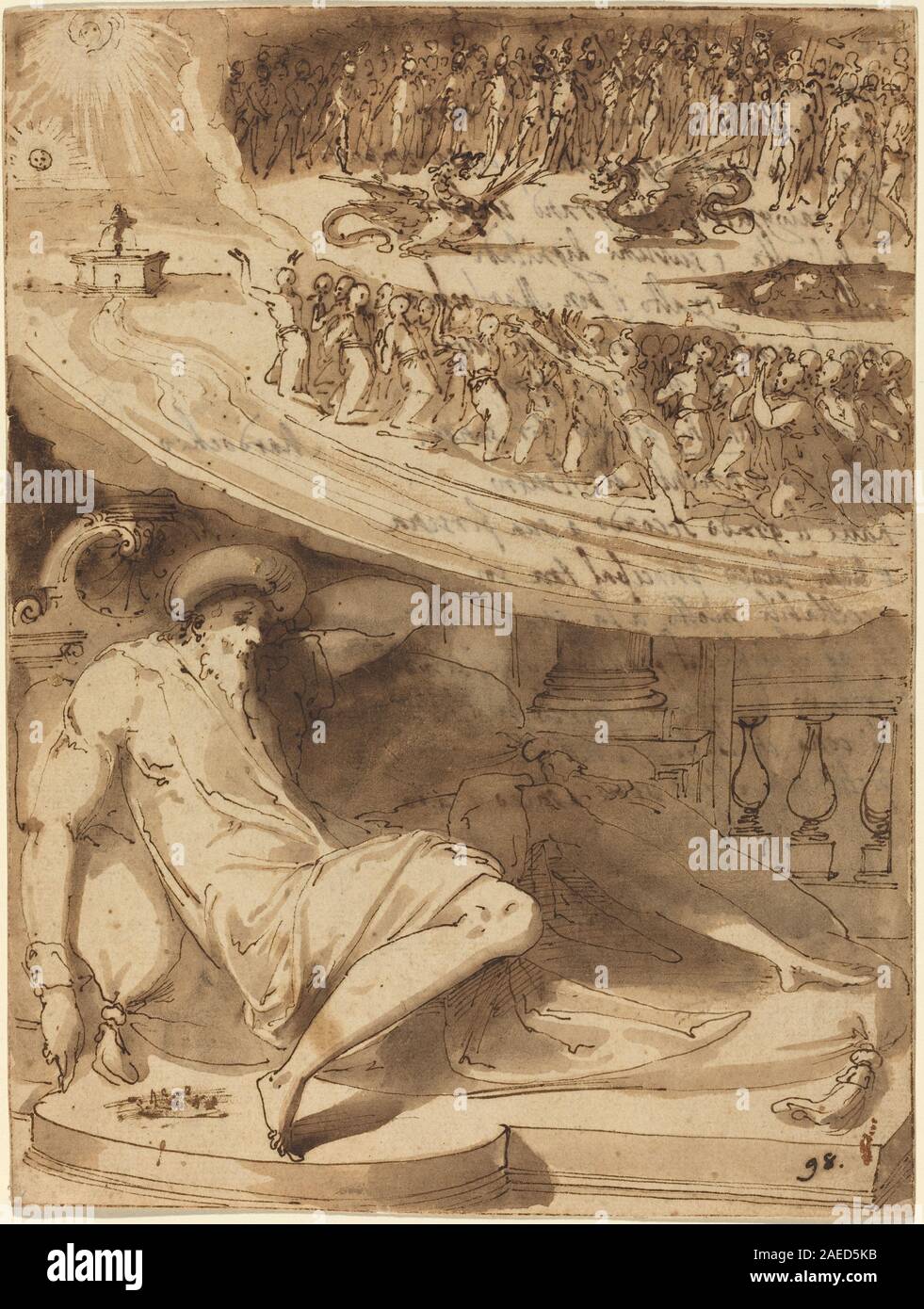 Das Gemälde zeigt eine biblische Szene, in der Mordechai einen Traum erlebt, der von Giovanni Guerra mit barocken Stilelementen dargestellt wird, die dramatische Beleuchtung, expressive Figuren und detaillierten architektonischen Hintergrund betonen. Stockfoto