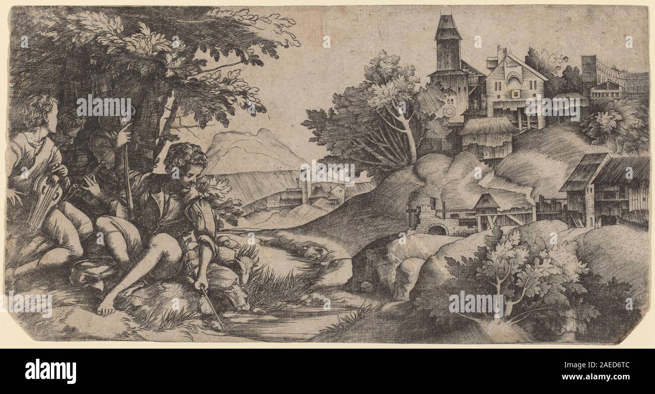 Giulio Campagnola und Domenico Campagnola, Hirten in einer Landschaft, c 1517 Hirten in einer Landschaft; circa 1517 Datum Stockfoto