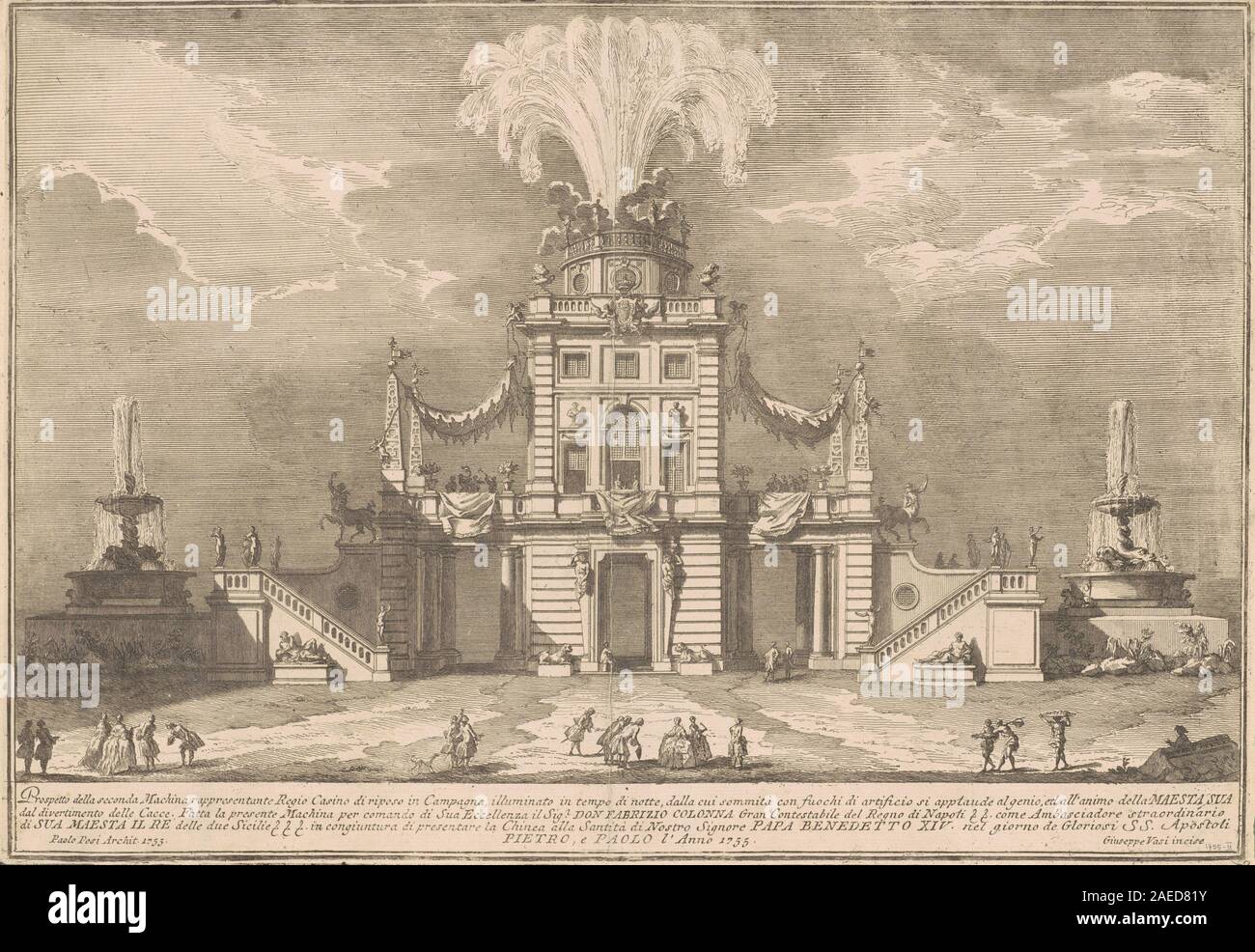 Giuseppe Vasi, nach Paolo Posi, der Seconda Macchina für die Chinea von 1755 - ein königliches Jagdschloss, 1755 Die Seconda Macchina für die Chinea von 1755: ein königliches Jagdschloss; 1755 Datum Stockfoto