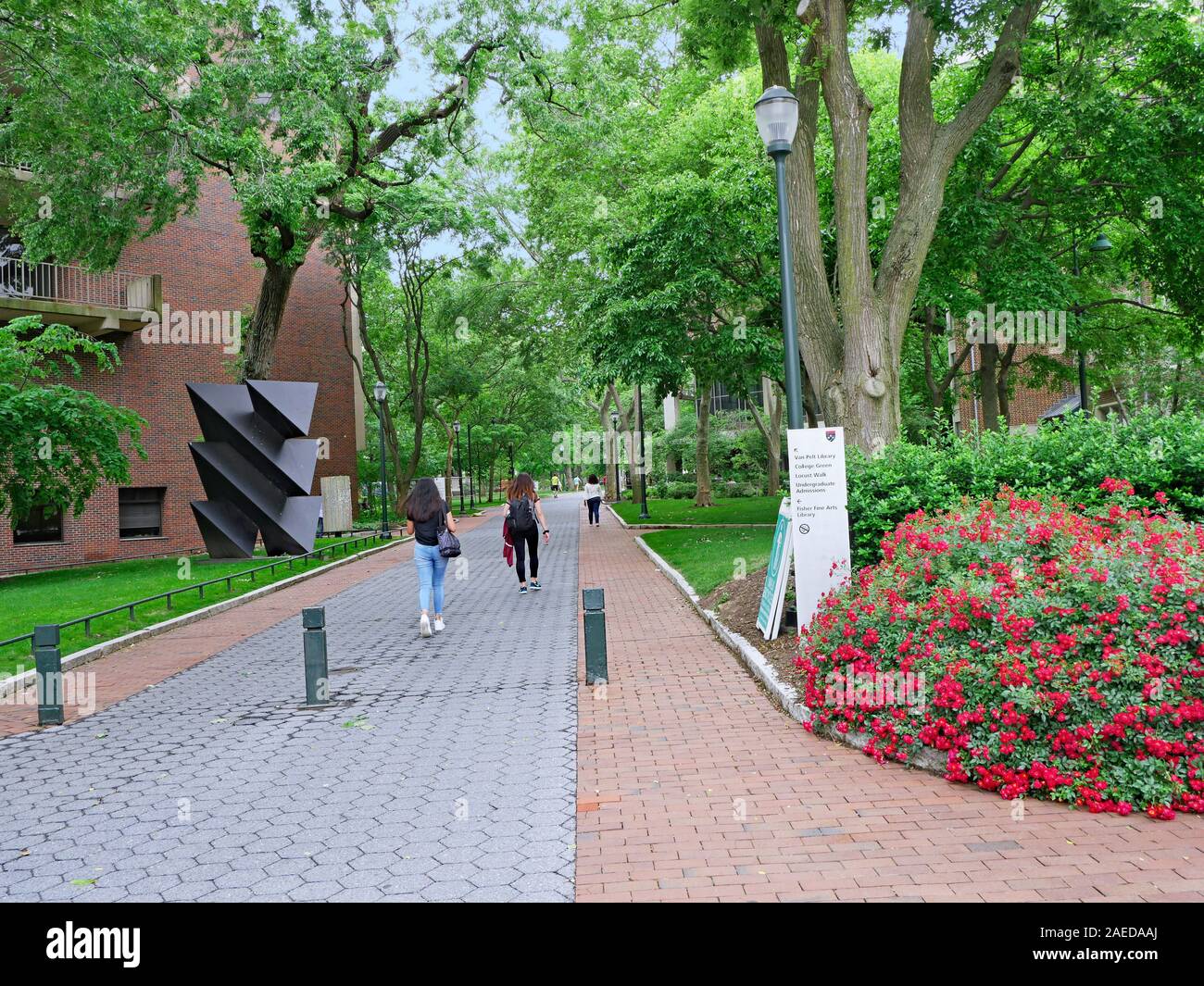 PHILADELPHIA - Mai 2019: Sogar von Ivy League Standards, dem Campus der Universität von Pennsylvania ist sehr grün und schattig, wie in diesem Blick entlang Lo gesehen Stockfoto