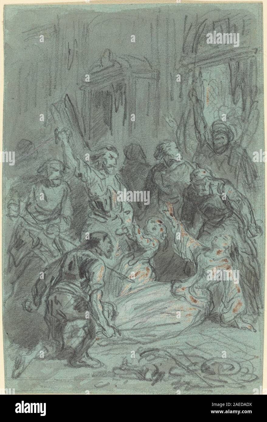 Eine Illustration von Gustave Doré, die eine dramatische Szene mit einer ohnmächtigen Frau darstellt. Das Kunstwerk zeigt ausdrucksstarke Figuren, fließende Vorhänge, emotionale Intensität und detaillierte Komposition, die charakteristisch für den europäischen Stich des 19. Jahrhunderts ist. Stockfoto