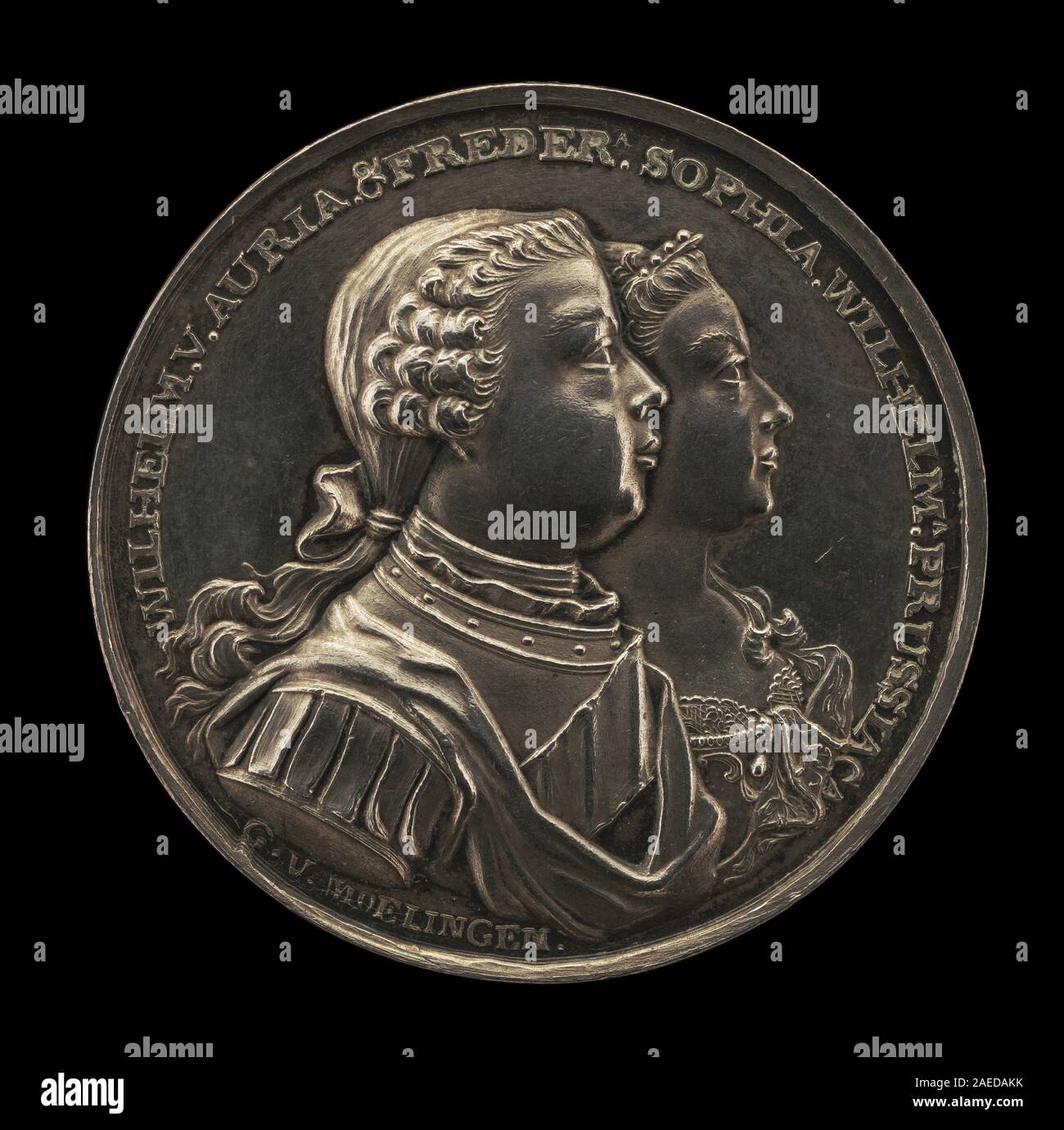 Eine Heiratsmedaille von Gysbert van Moelingen aus dem Jahr 1767, die Wilhelm V., Prinz von Orange, und Frederica Sophia Wilhelmina, Prinzessin von Preußen, darstellt. Stockfoto