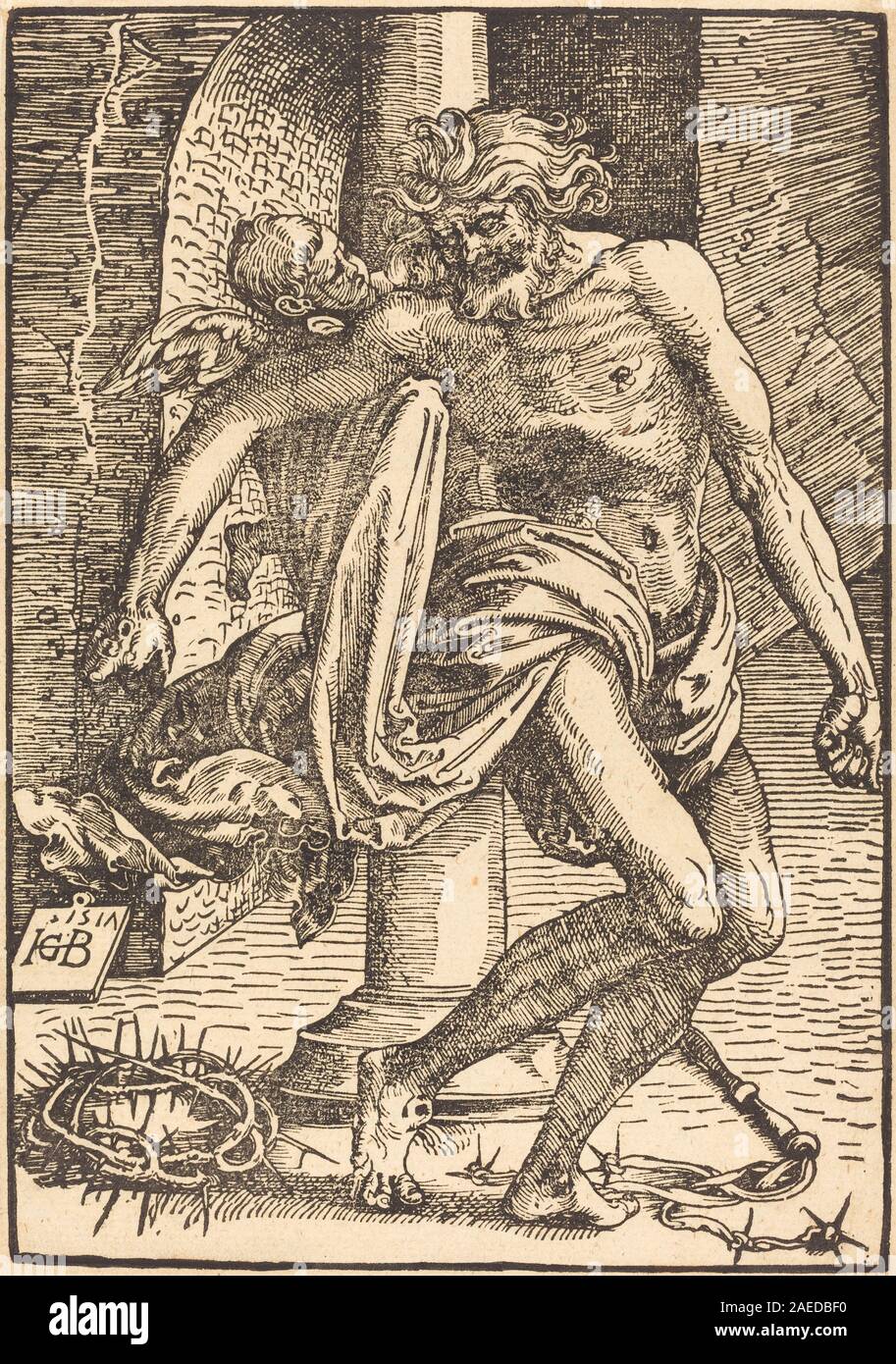 Ein Gemälde von Hans Baldung Grien aus dem Jahr 1517, das Christus auf der Säule darstellt. Das Kunstwerk zeigt Christus gebunden, architektonischen Hintergrund, Vorhänge, expressive Figuren und religiöse Ikonographie, die typisch für die deutsche Kunst des frühen 16. Jahrhunderts ist. Stockfoto